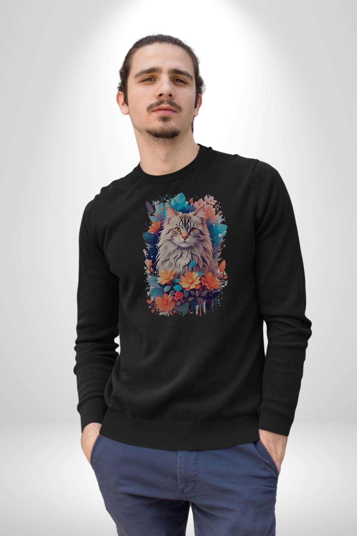 Çiçek Kedi Sulu Boya Kadın Erkek Çocuk Siyah Baskılı Sweatshirt 