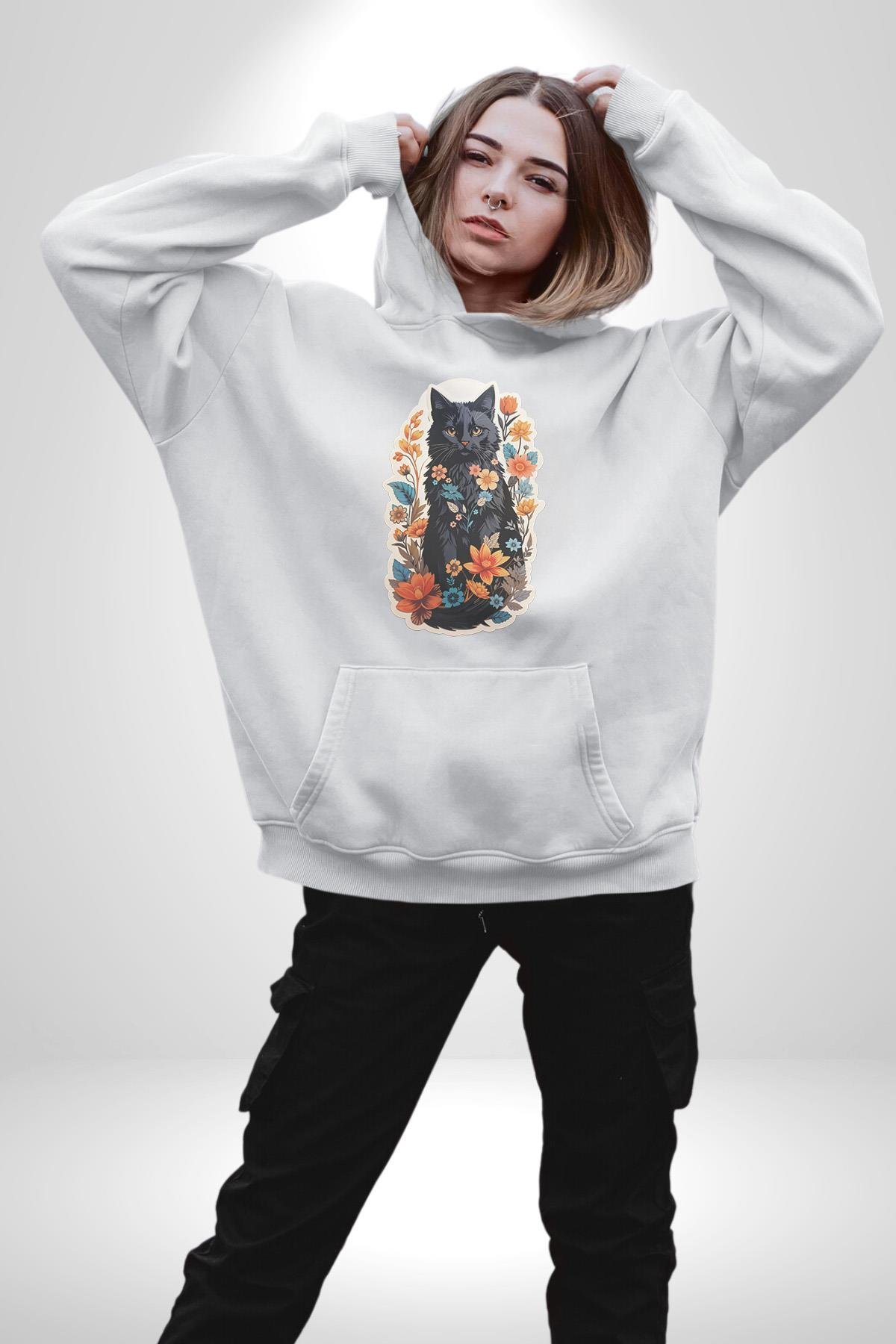 Çiçekli Siyah Kedi Etiket  Kadın Erkek Çocuk Beyaz Kapüşonlu Sweatshirt Hoodie