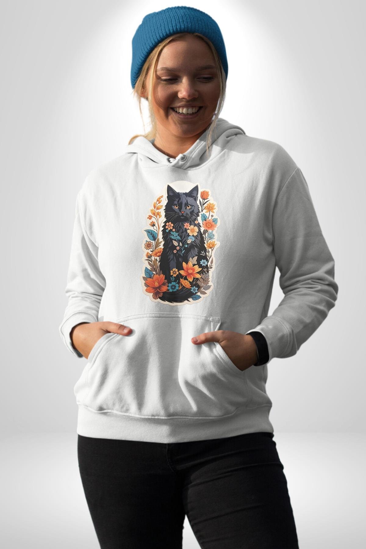 Çiçekli Siyah Kedi Etiket  Kadın Erkek Çocuk Beyaz Kapüşonlu Sweatshirt Hoodie