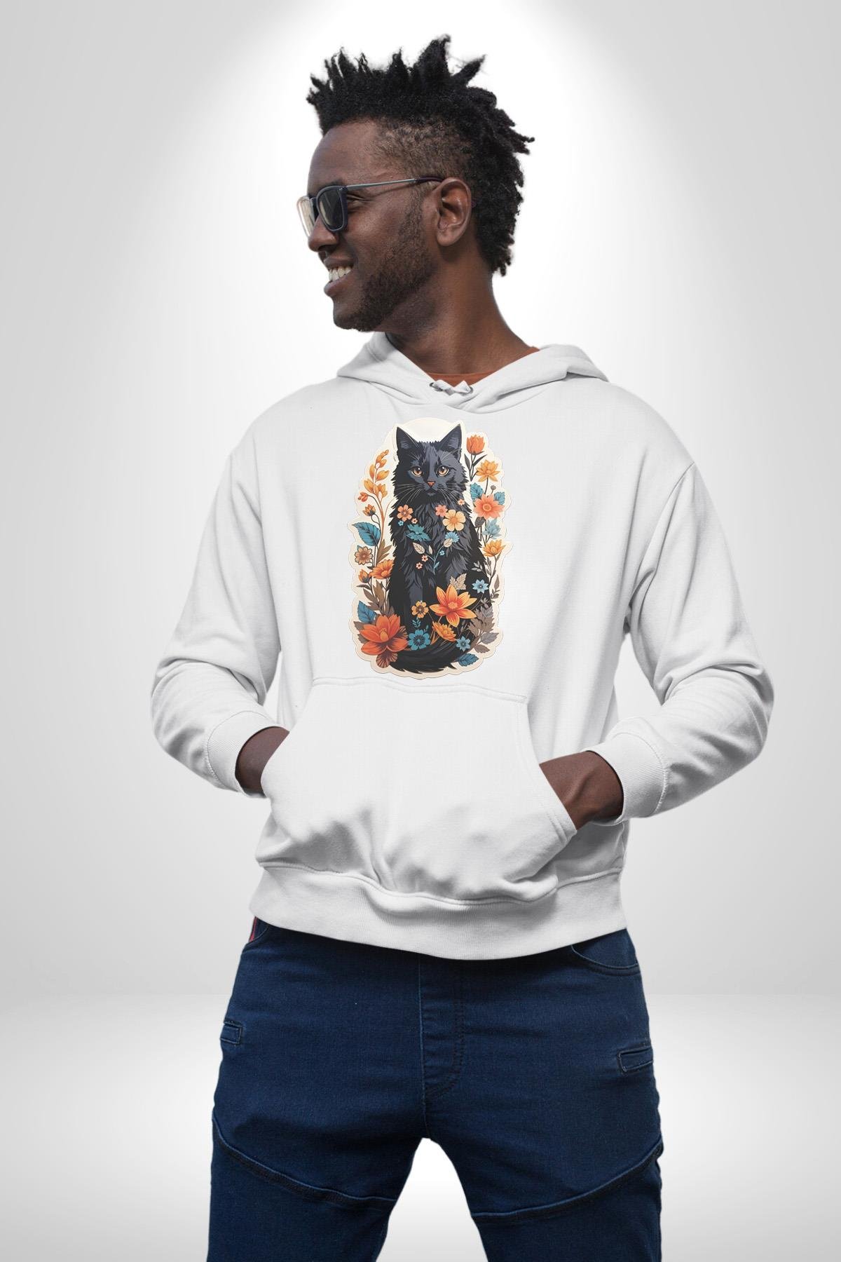 Çiçekli Siyah Kedi Etiket  Kadın Erkek Çocuk Beyaz Kapüşonlu Sweatshirt Hoodie