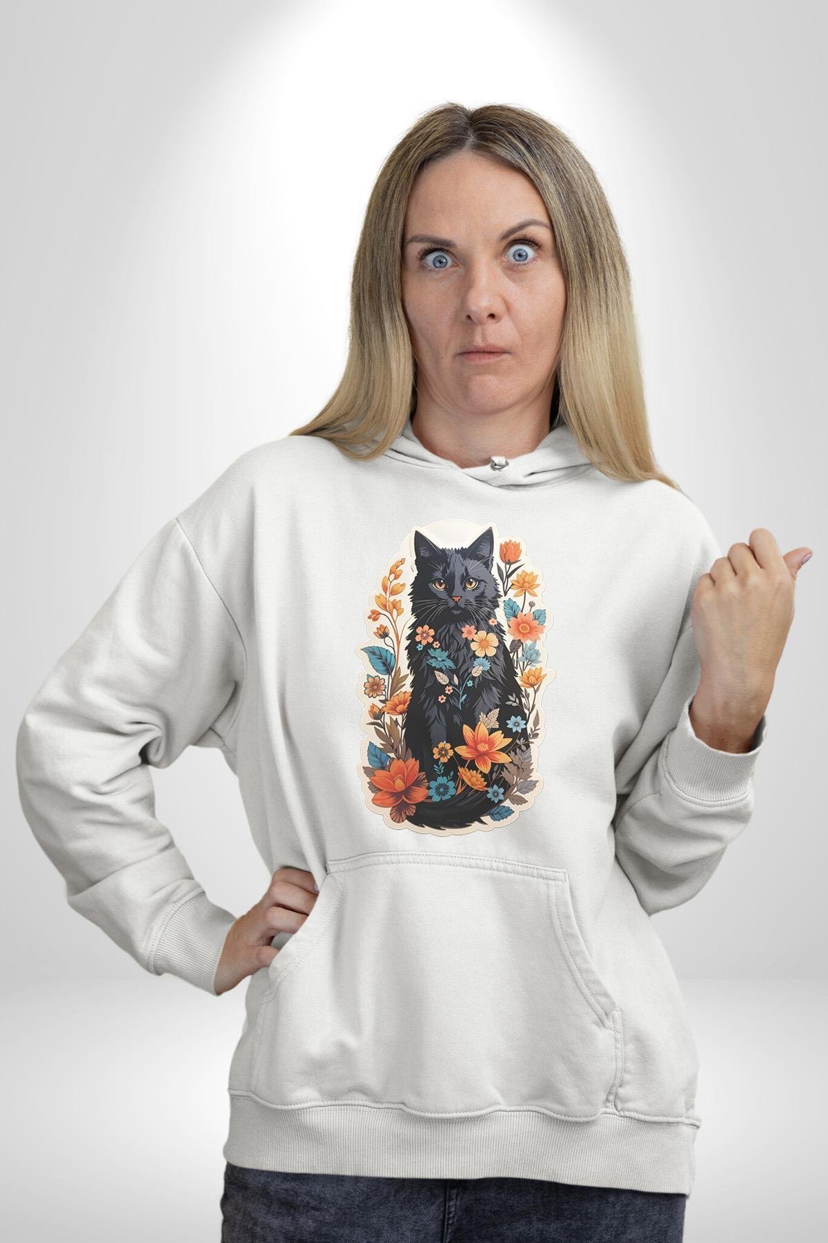 Çiçekli Siyah Kedi Etiket  Kadın Erkek Çocuk Beyaz Kapüşonlu Sweatshirt Hoodie