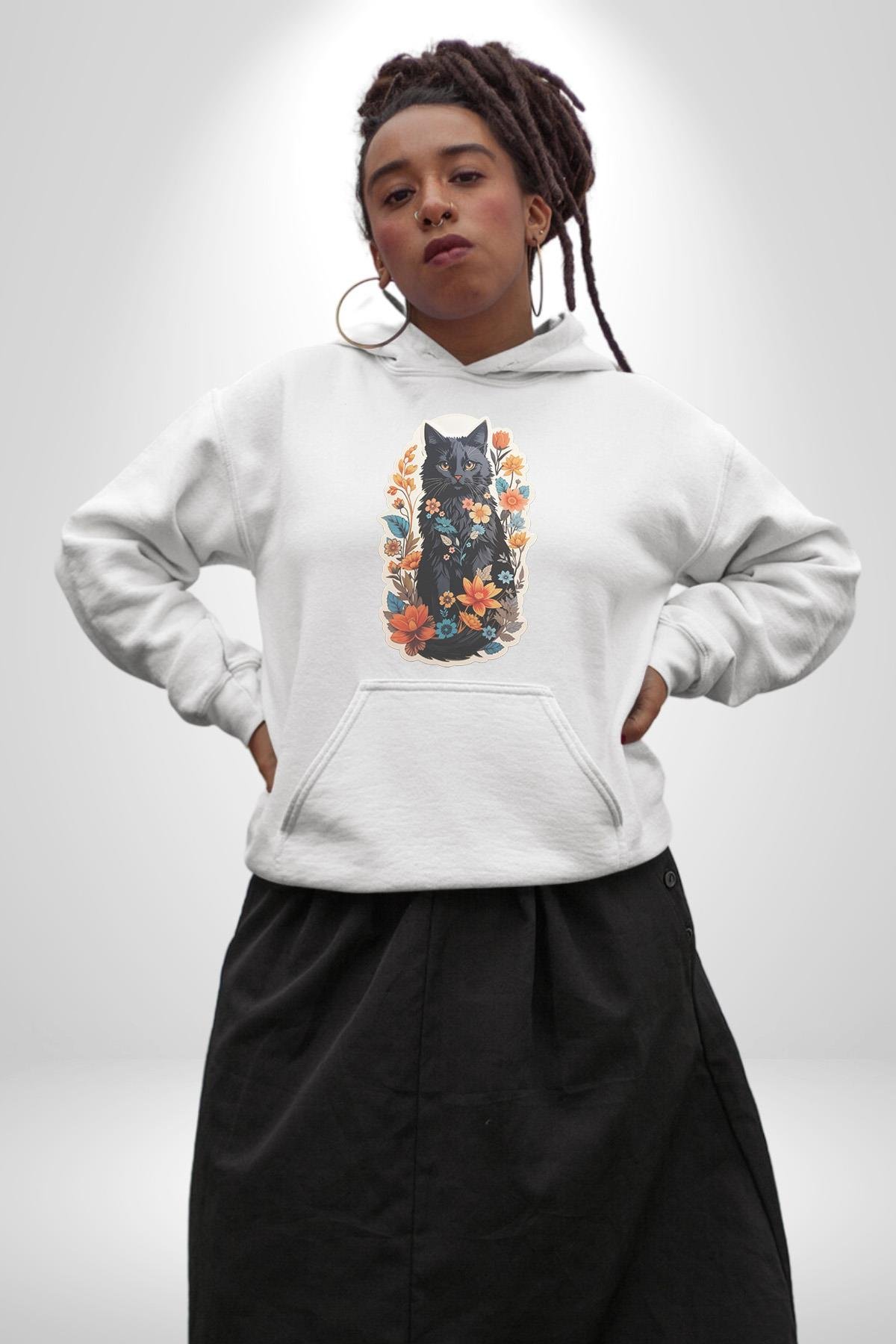 Çiçekli Siyah Kedi Etiket  Kadın Erkek Çocuk Beyaz Kapüşonlu Sweatshirt Hoodie