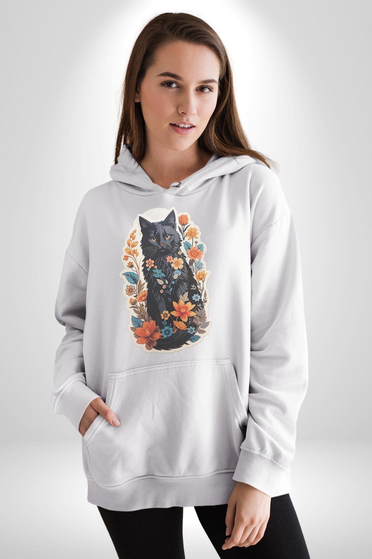 Çiçekli Siyah Kedi Etiket  Kadın Erkek Çocuk Beyaz Kapüşonlu Sweatshirt Hoodie
