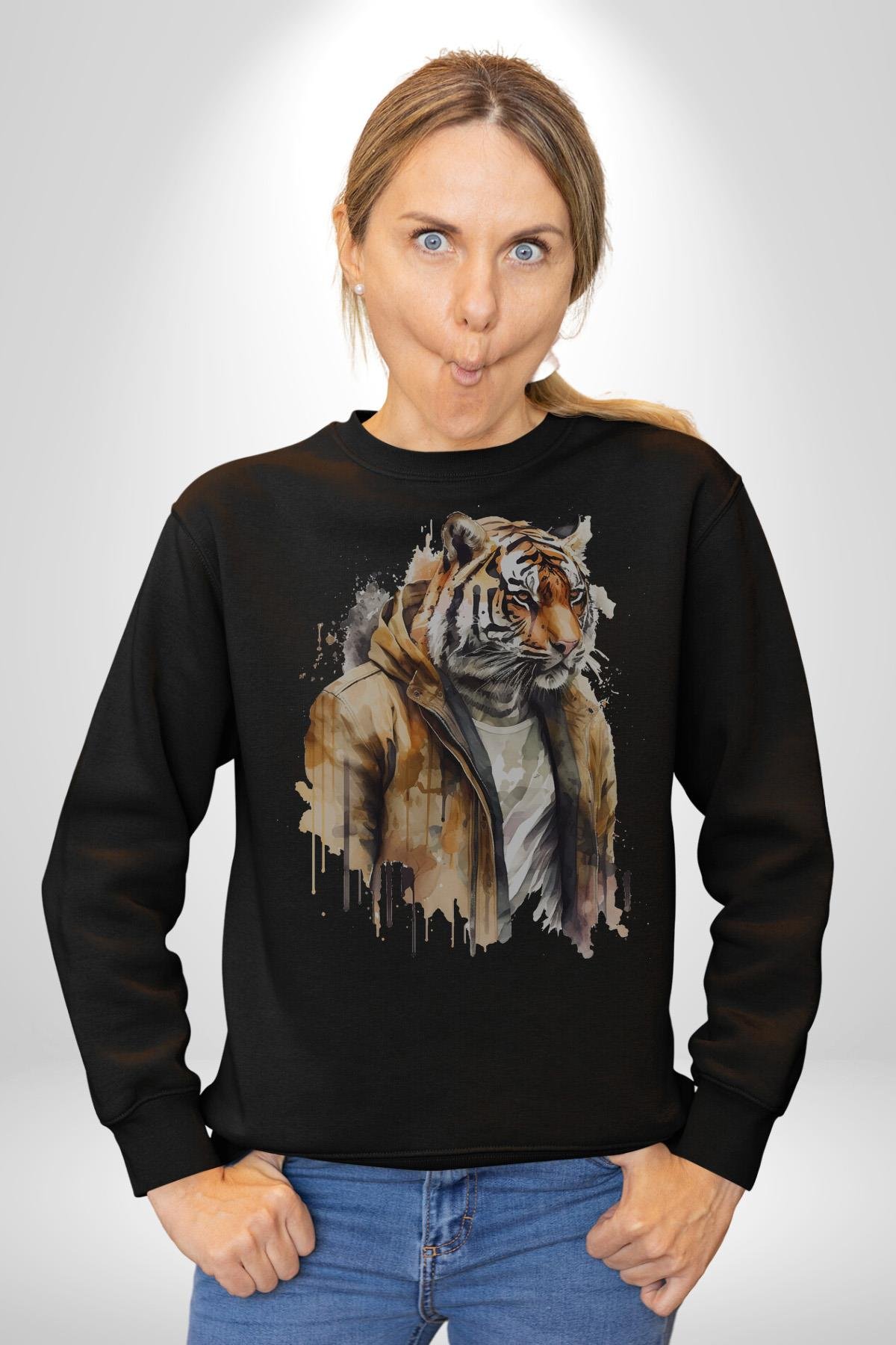Cool Yakışıklı Kapüşonlu Spor Kaplan Kadın Erkek  Siyah Baskılı Sweatshirt 