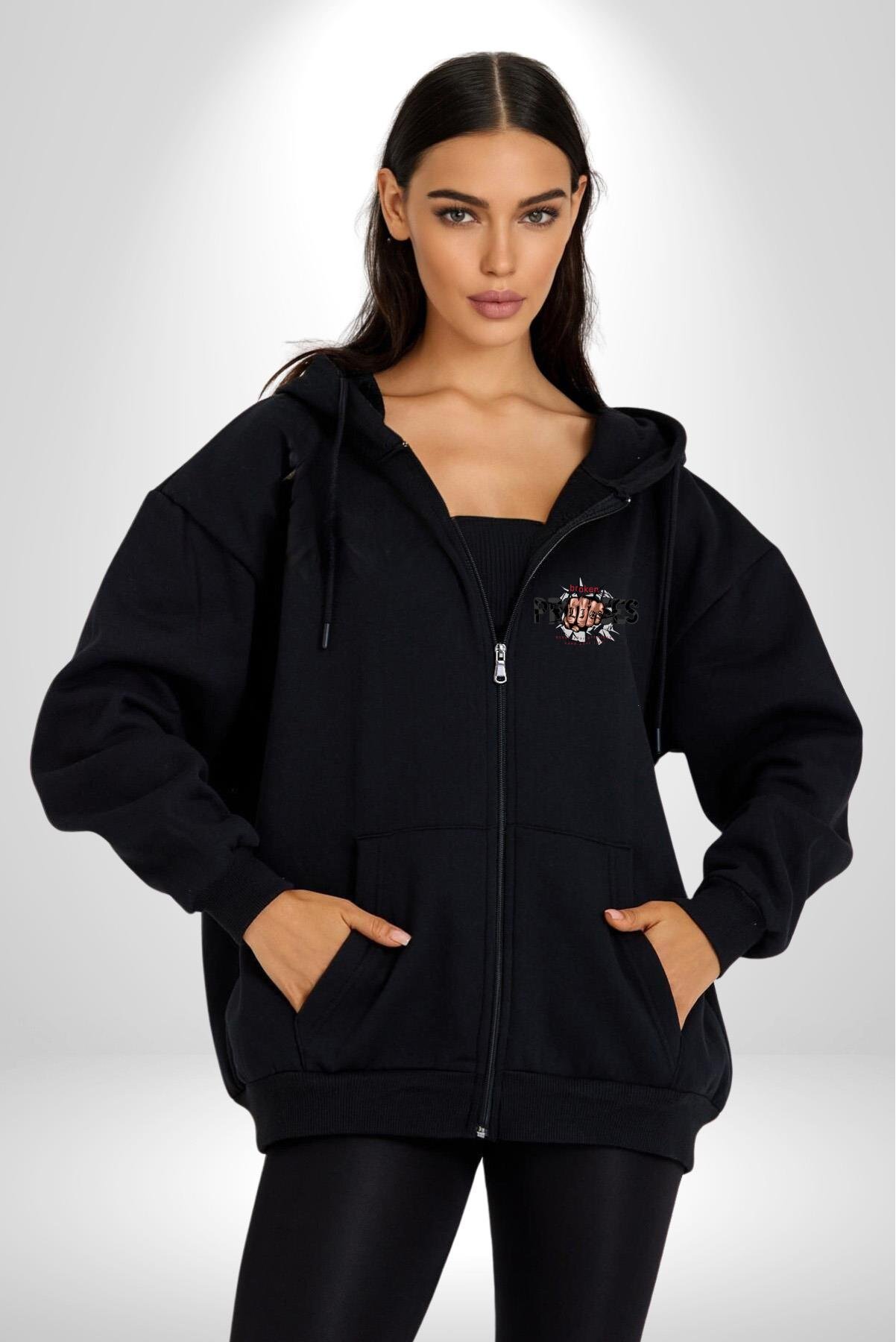 Yumruk Sözünü Unutma Hayatını Koru Kadın Erkek Baskılı Fermuarlı Kapüşonlu Hırka Sweatshirt