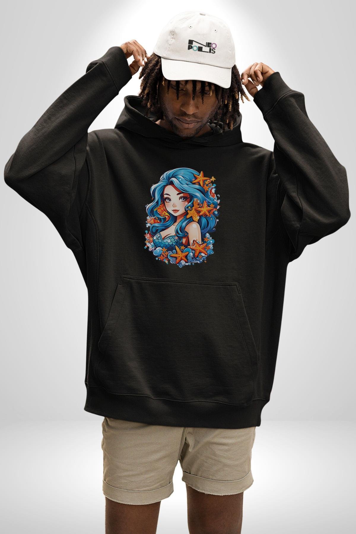 Deniz Kızı Deniz Yıldızı Mavi Saçlı Kadın Erkek Çocuk Siyah Kapüşonlu Sweatshirt Hoodie