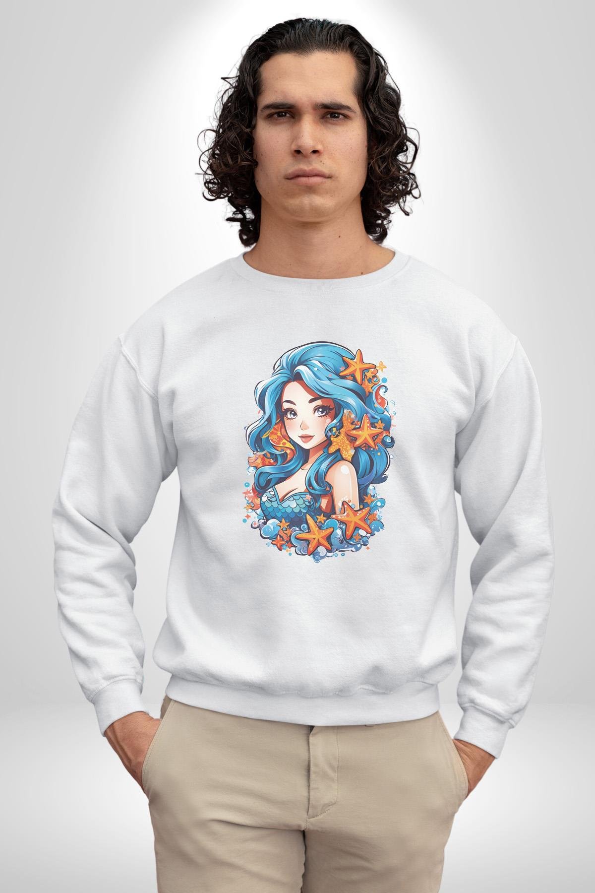 Deniz Kızı Deniz Yıldızı Mavi Saçlı Kadın Erkek  Beyaz Baskılı Sweatshirt 