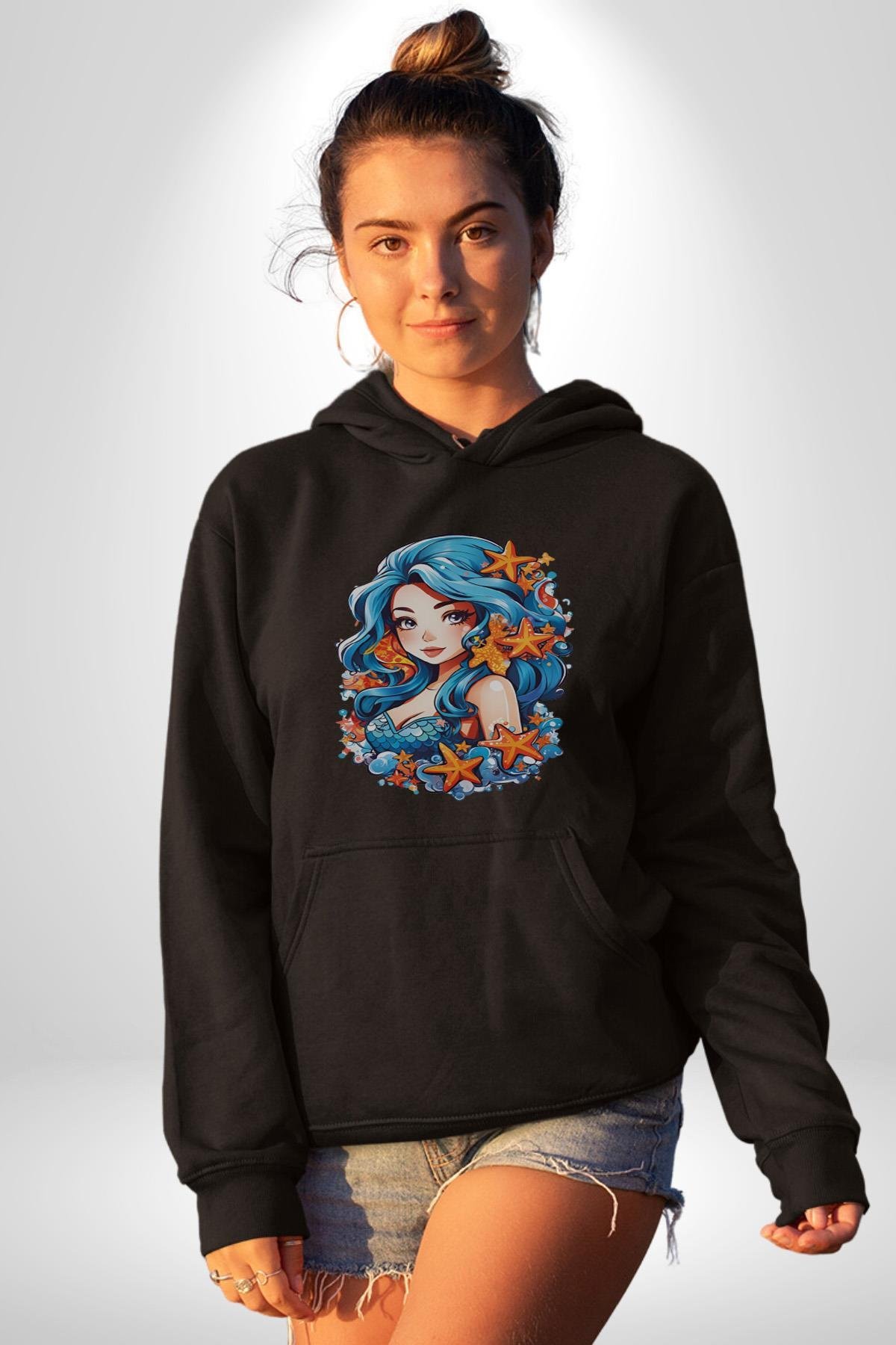 Deniz Kızı Deniz Yıldızı Mavi Saçlı Kadın Erkek Çocuk Siyah Kapüşonlu Sweatshirt Hoodie