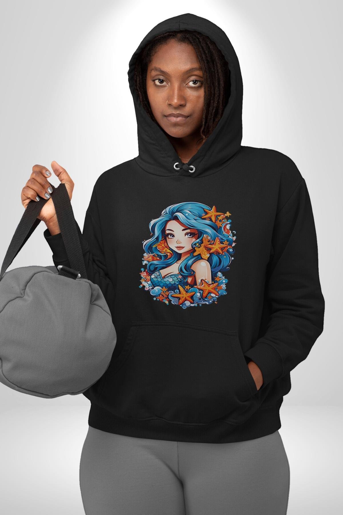 Deniz Kızı Deniz Yıldızı Mavi Saçlı Kadın Erkek Çocuk Siyah Kapüşonlu Sweatshirt Hoodie