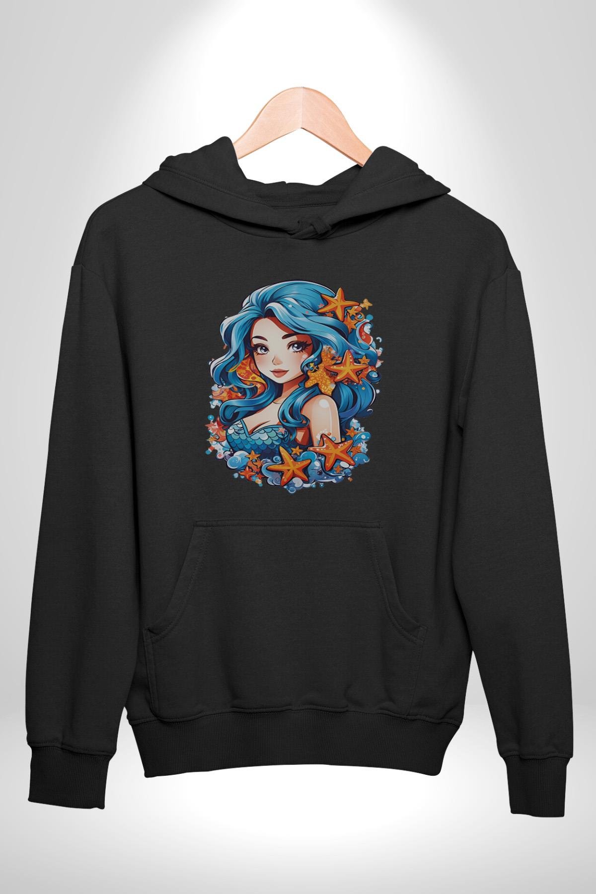 Deniz Kızı Deniz Yıldızı Mavi Saçlı Kadın Erkek Çocuk Siyah Kapüşonlu Sweatshirt Hoodie
