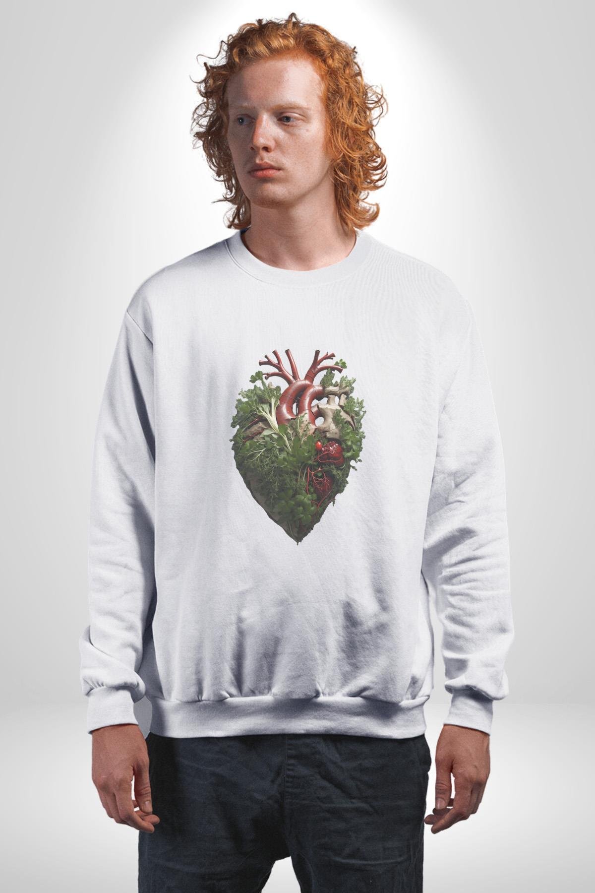 Doğanın Kalbi Yeşillikler Kalp Kadın Erkek  Beyaz Baskılı Sweatshirt 