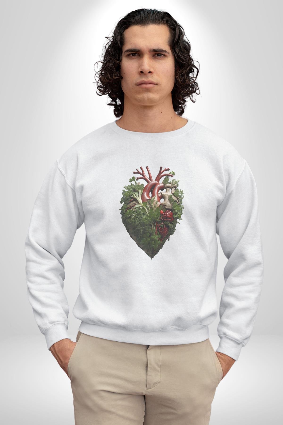 Doğanın Kalbi Yeşillikler Kalp Kadın Erkek  Beyaz Baskılı Sweatshirt 
