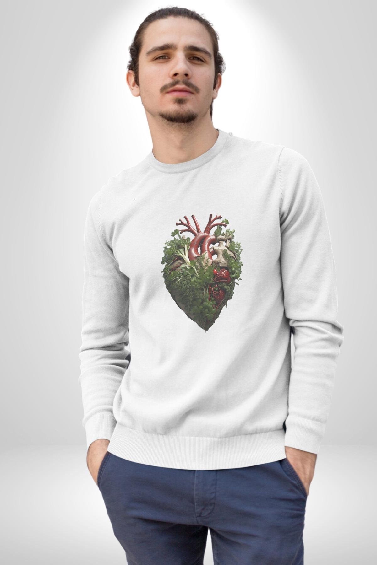 Doğanın Kalbi Yeşillikler Kalp Kadın Erkek  Beyaz Baskılı Sweatshirt 