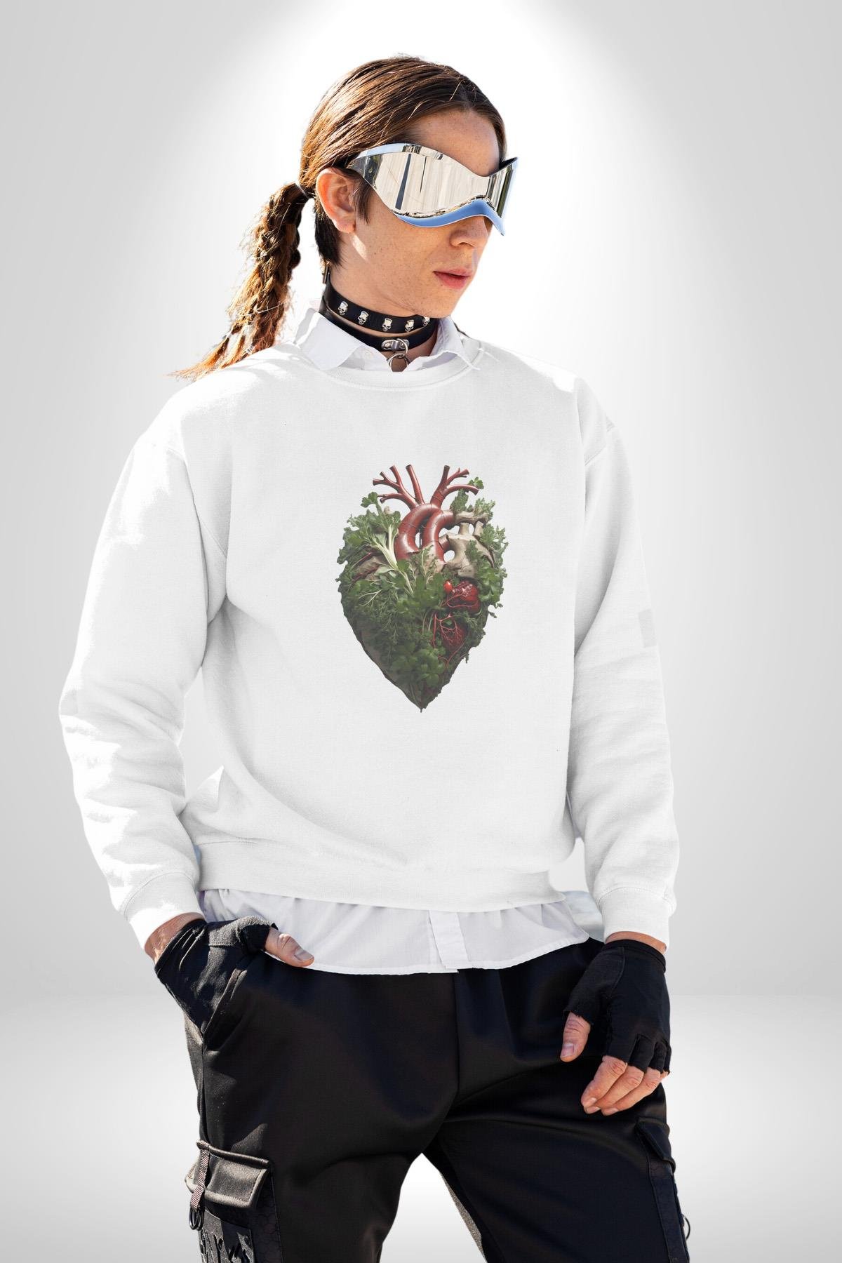 Doğanın Kalbi Yeşillikler Kalp Kadın Erkek  Beyaz Baskılı Sweatshirt 