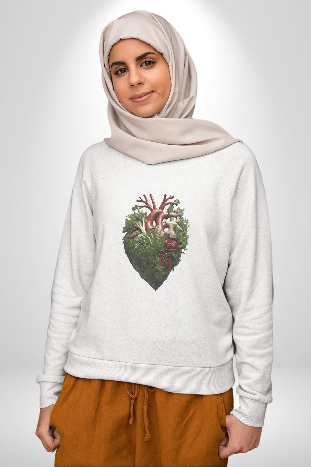 Doğanın Kalbi Yeşillikler Kalp Kadın Erkek  Beyaz Baskılı Sweatshirt 