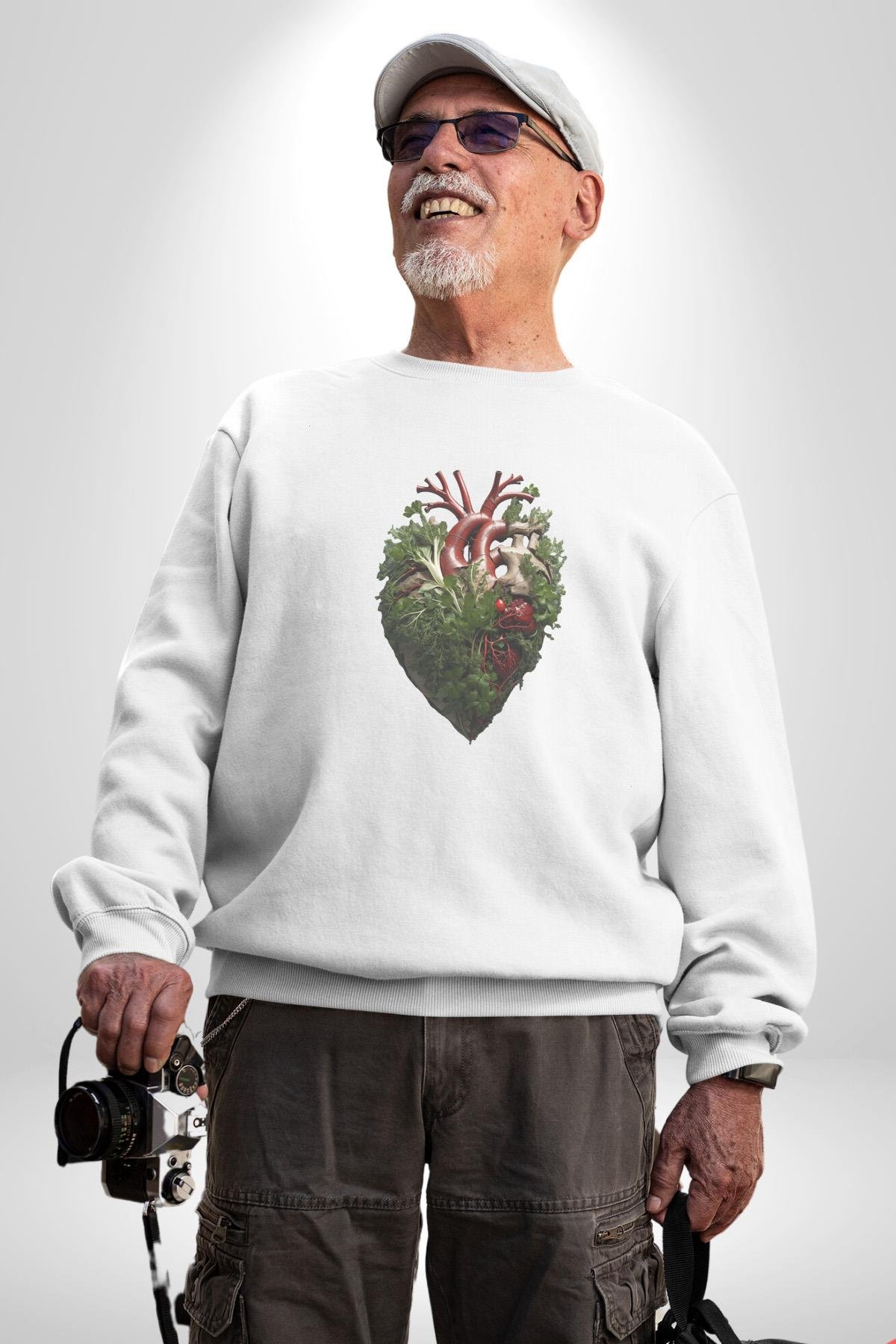 Doğanın Kalbi Yeşillikler Kalp Kadın Erkek  Beyaz Baskılı Sweatshirt 