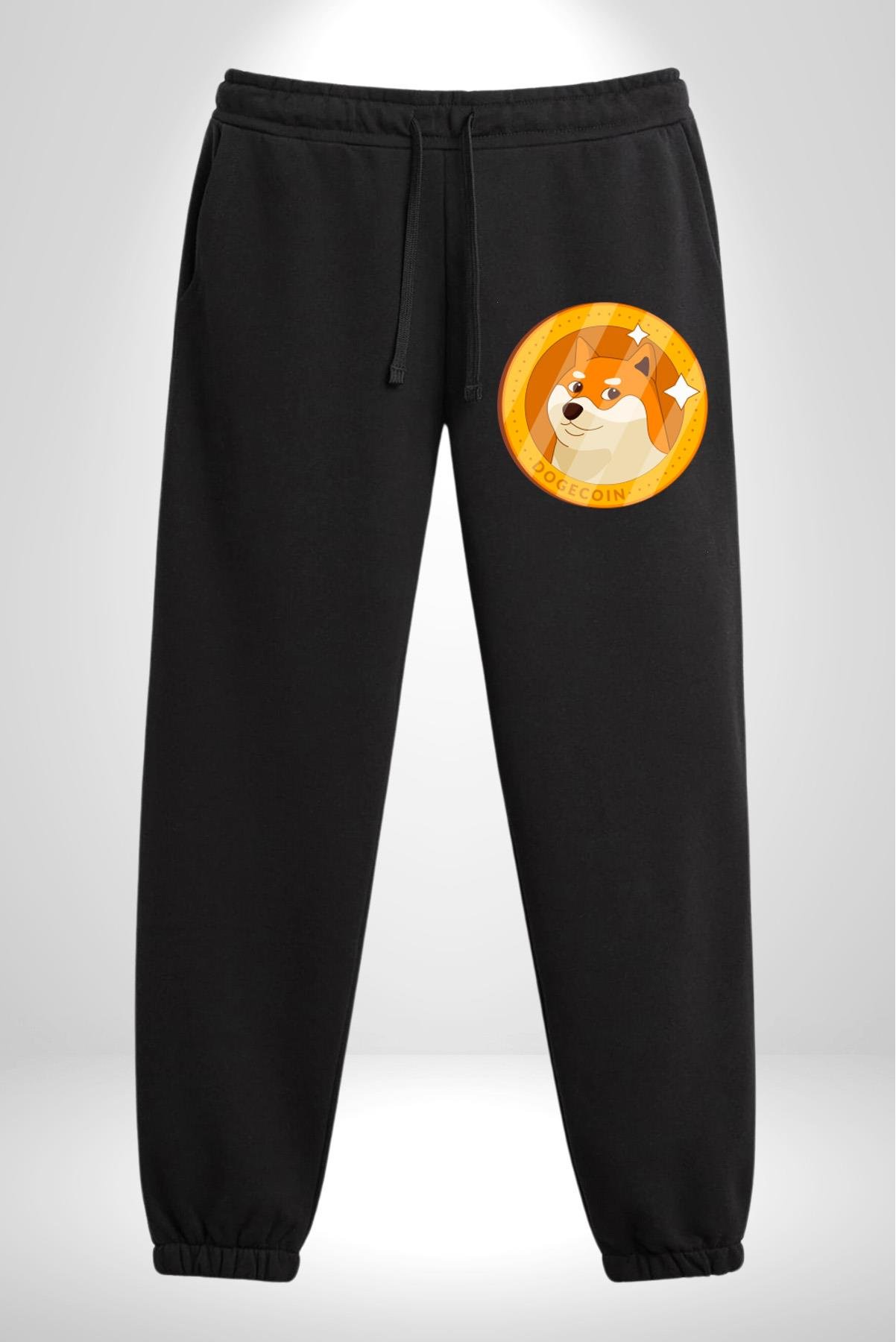 Doge Coin Pamuklu 3 İplik Siyah Eşofman Altı Erkek Oversize Kesim Dijital Baskılı