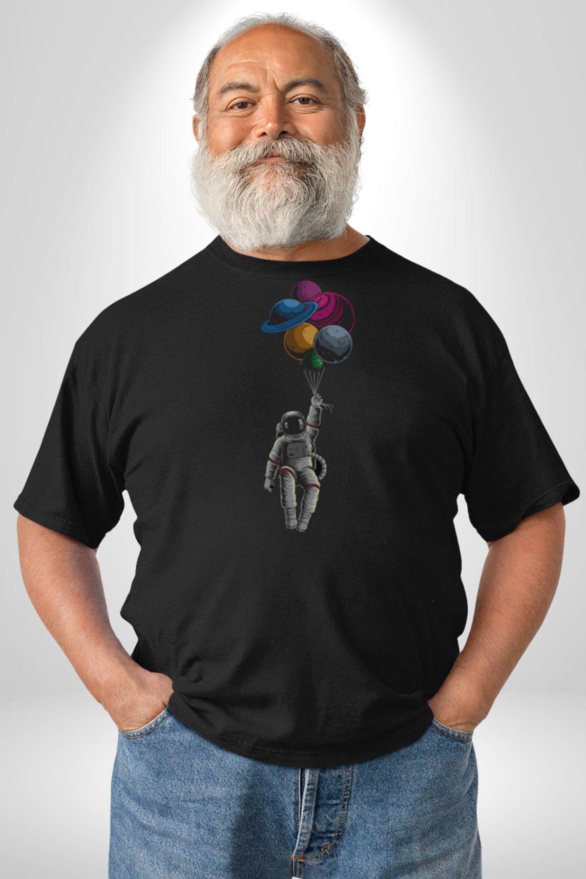Gezegenler Balon Astronot Yükselişi Kadın Erkek Unisex Siyah Organik Baskılı T-Shirt Penye Yüksek Kalite