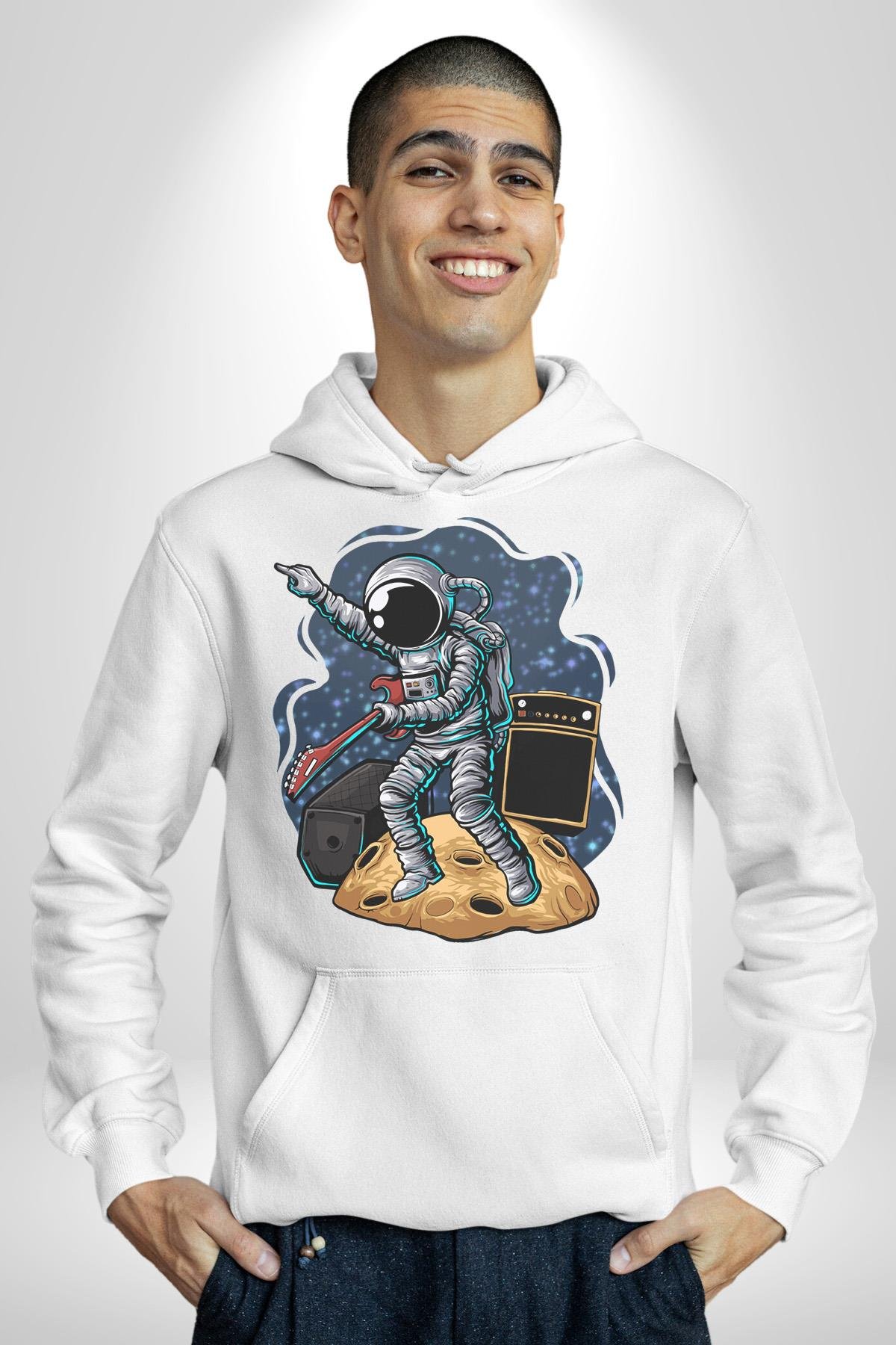 Gitar Astronot Müzik Uzay Kadın Erkek Çocuk Beyaz Kapüşonlu Sweatshirt Hoodie