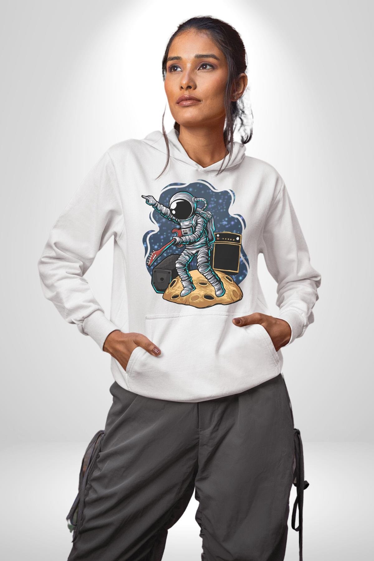Gitar Astronot Müzik Uzay Kadın Erkek Çocuk Beyaz Kapüşonlu Sweatshirt Hoodie
