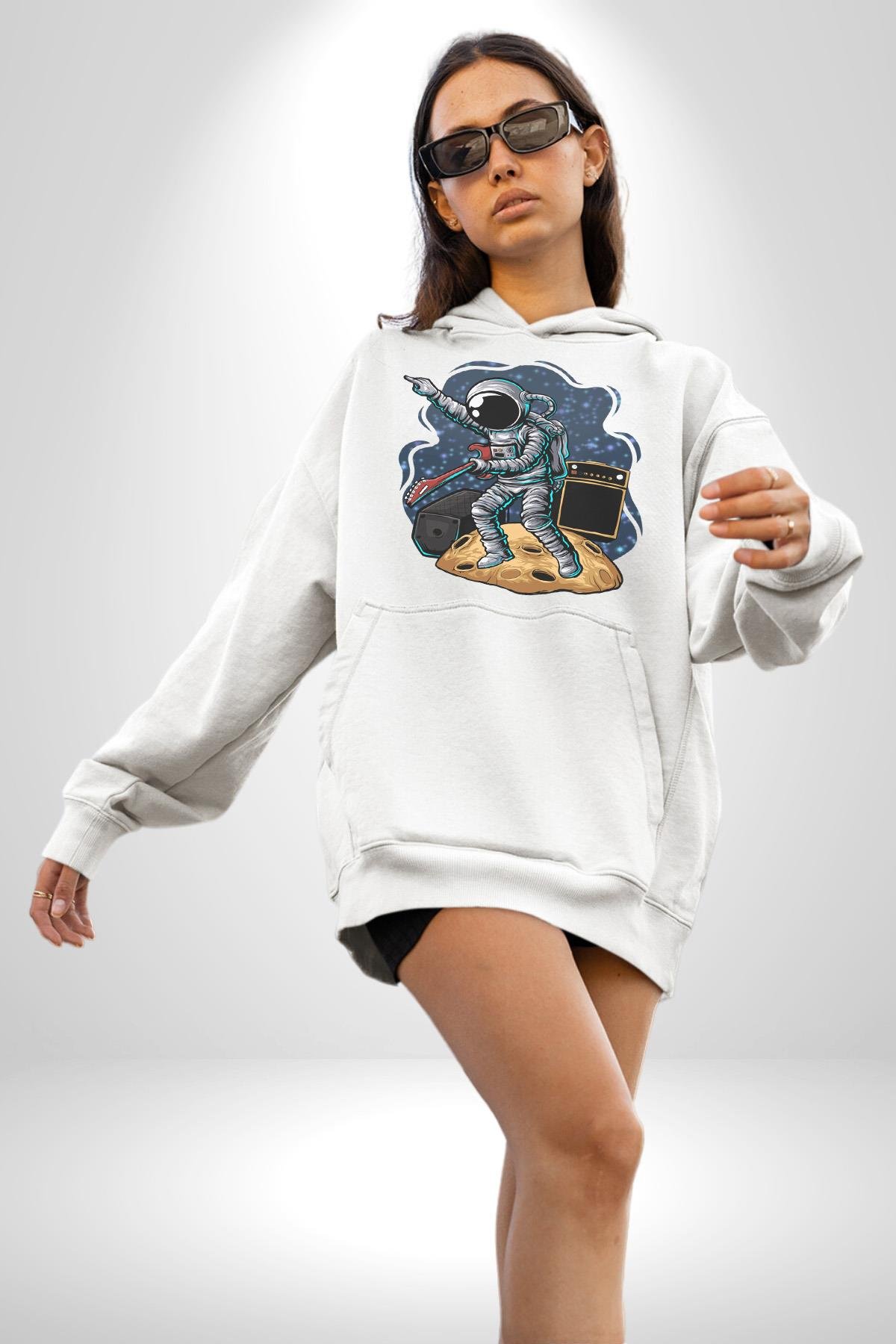 Gitar Astronot Müzik Uzay Kadın Erkek Çocuk Beyaz Kapüşonlu Sweatshirt Hoodie