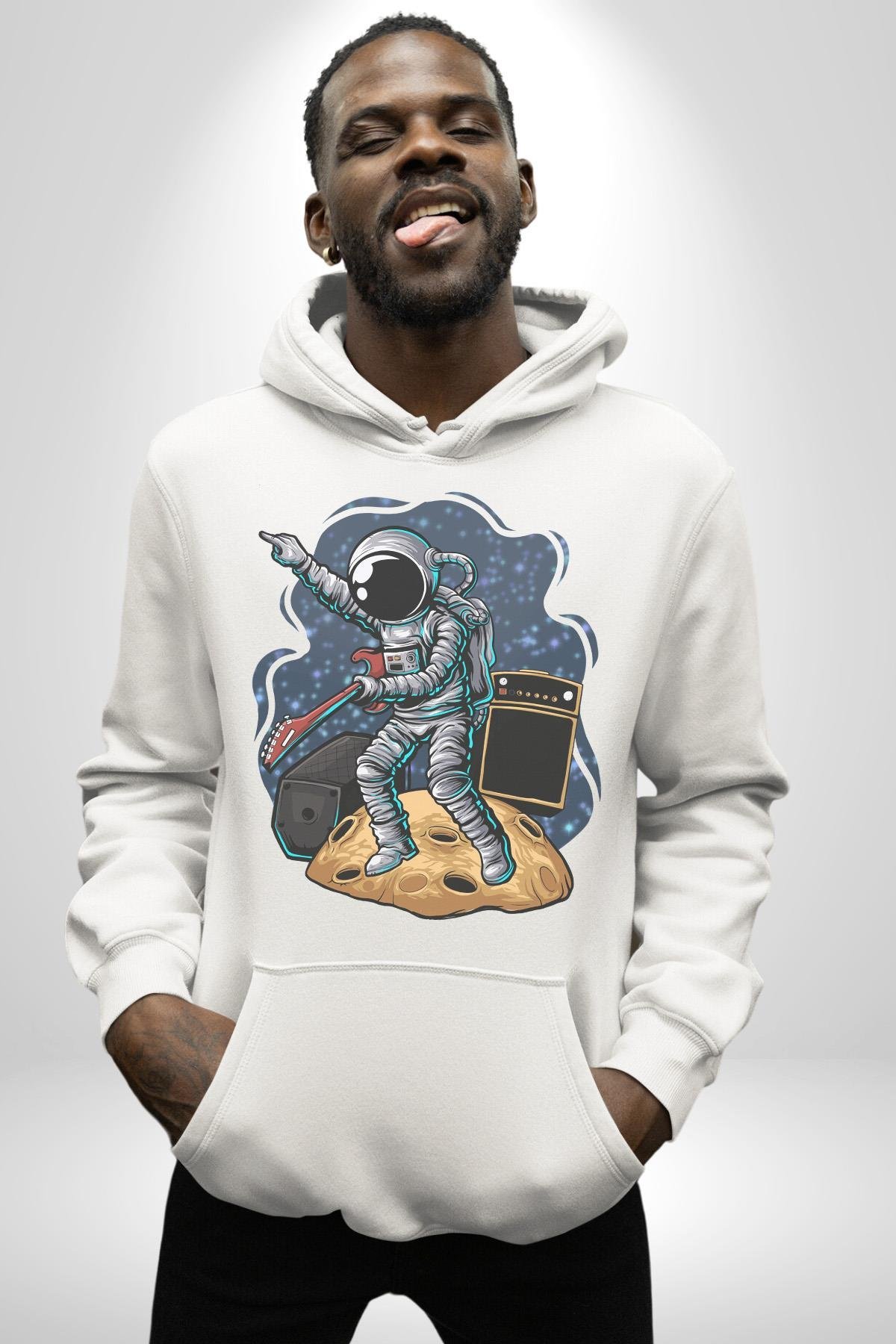Gitar Astronot Müzik Uzay Kadın Erkek Çocuk Beyaz Kapüşonlu Sweatshirt Hoodie