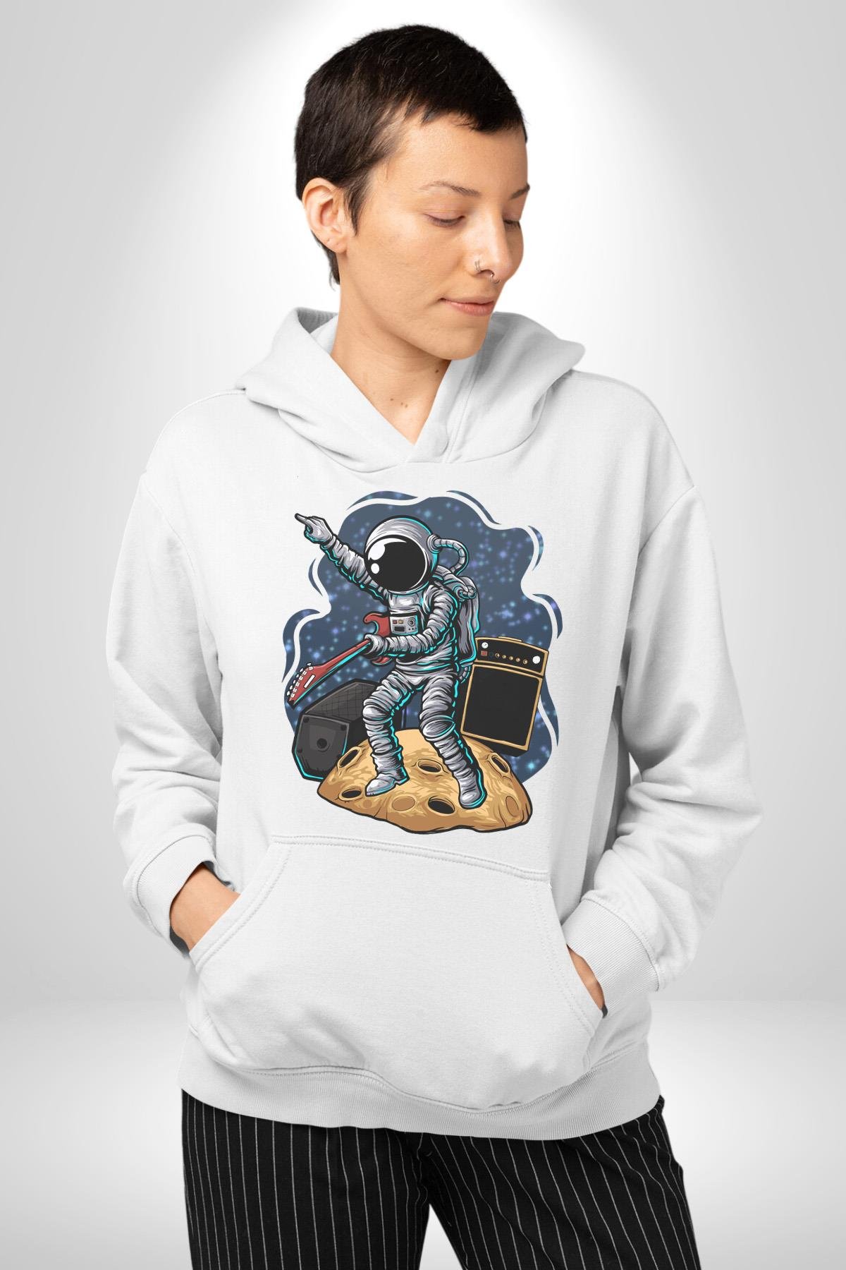 Gitar Astronot Müzik Uzay Kadın Erkek Çocuk Beyaz Kapüşonlu Sweatshirt Hoodie