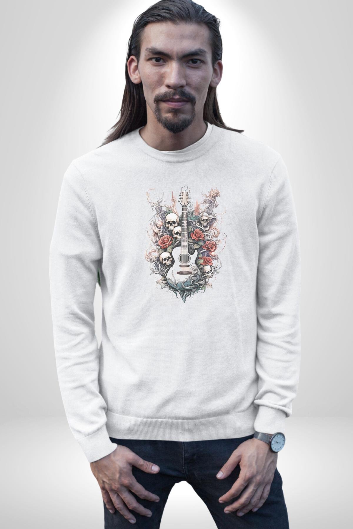 Gitar Kafatası Güller Doğa Uyumu Kadın Erkek  Beyaz Baskılı Sweatshirt 