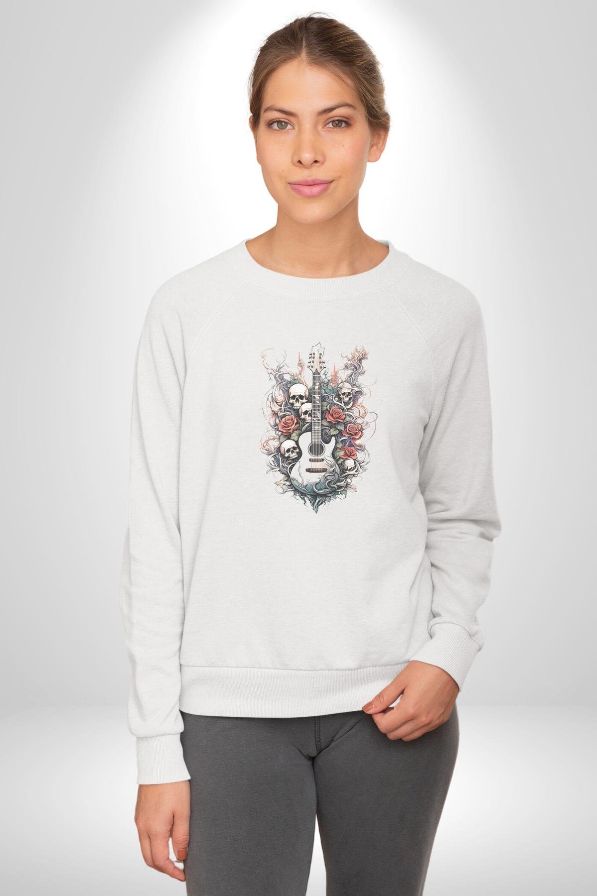 Gitar Kafatası Güller Doğa Uyumu Kadın Erkek  Beyaz Baskılı Sweatshirt 