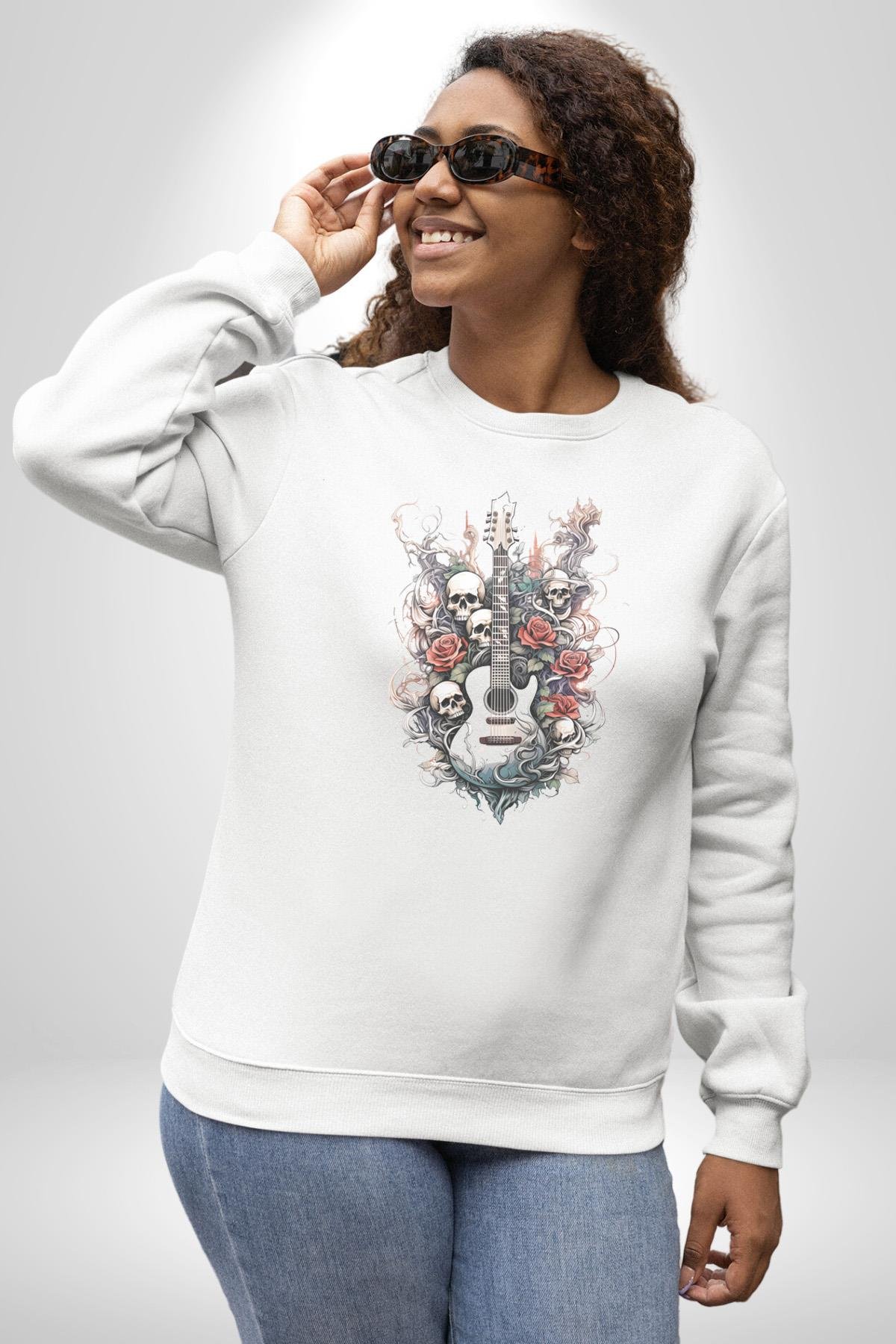 Gitar Kafatası Güller Doğa Uyumu Kadın Erkek  Beyaz Baskılı Sweatshirt 