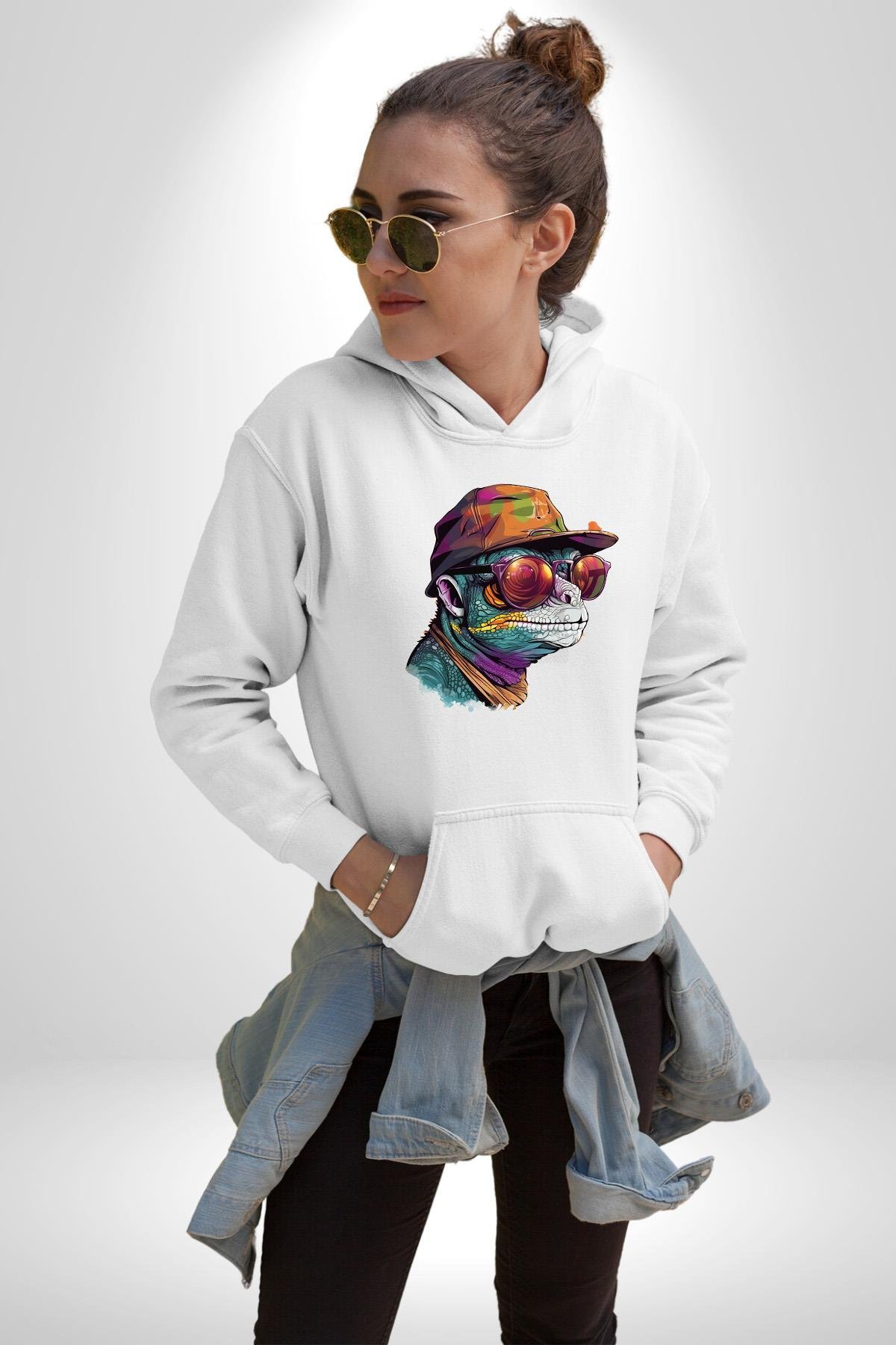 Gözlük Şapka Mukalemun  Kadın Erkek Çocuk Beyaz Kapüşonlu Sweatshirt Hoodie