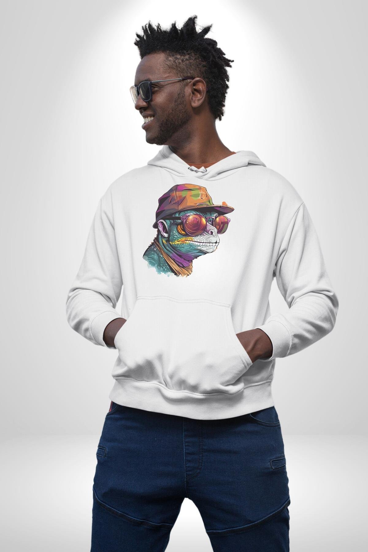 Gözlük Şapka Mukalemun  Kadın Erkek Çocuk Beyaz Kapüşonlu Sweatshirt Hoodie