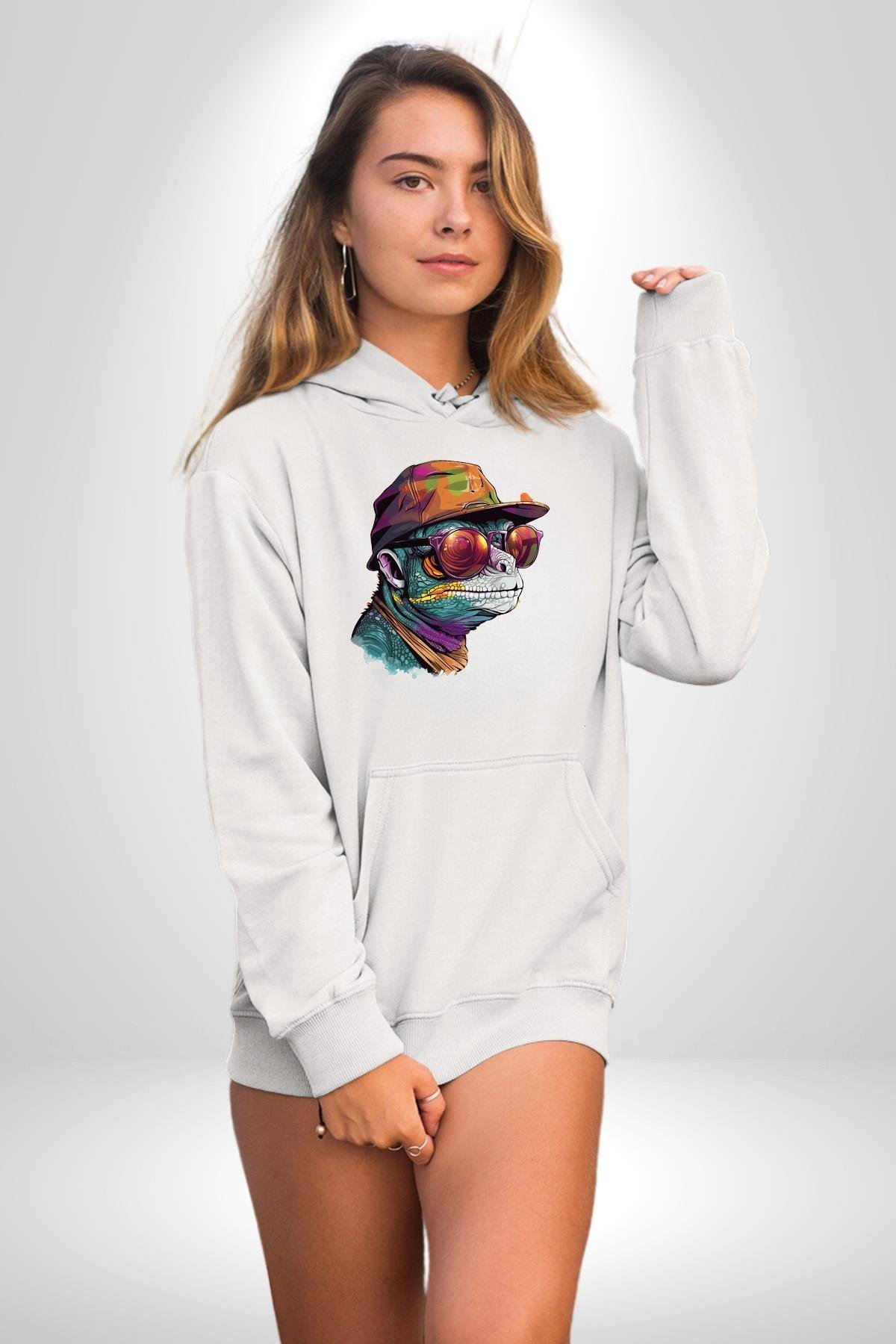Gözlük Şapka Mukalemun  Kadın Erkek Çocuk Beyaz Kapüşonlu Sweatshirt Hoodie