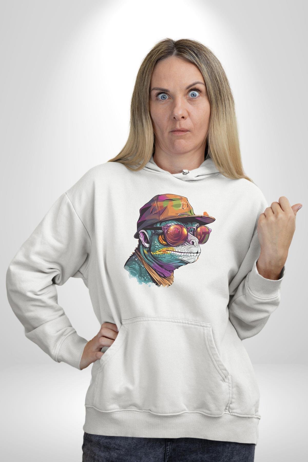 Gözlük Şapka Mukalemun  Kadın Erkek Çocuk Beyaz Kapüşonlu Sweatshirt Hoodie