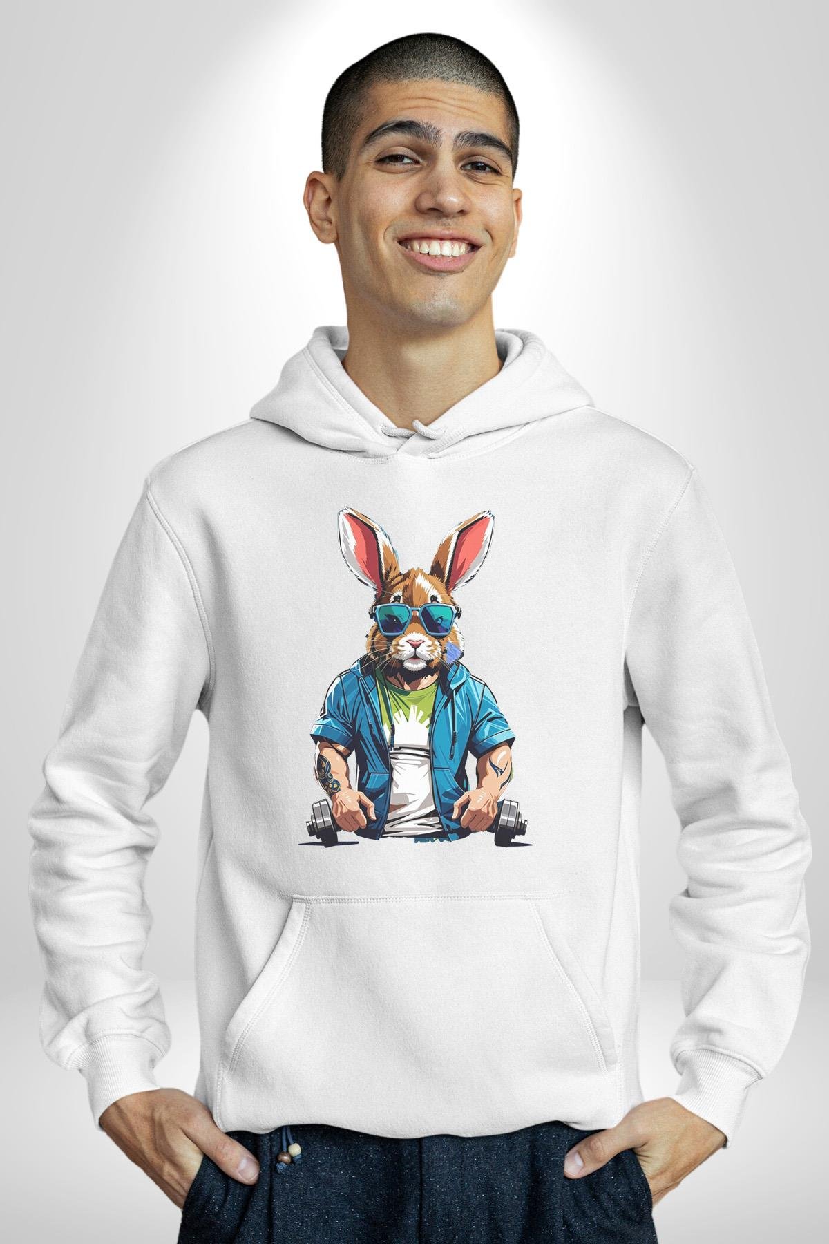 Halter Spor Güneş Gözlüüğü Tavşan Kadın Erkek Çocuk Beyaz Kapüşonlu Sweatshirt Hoodie