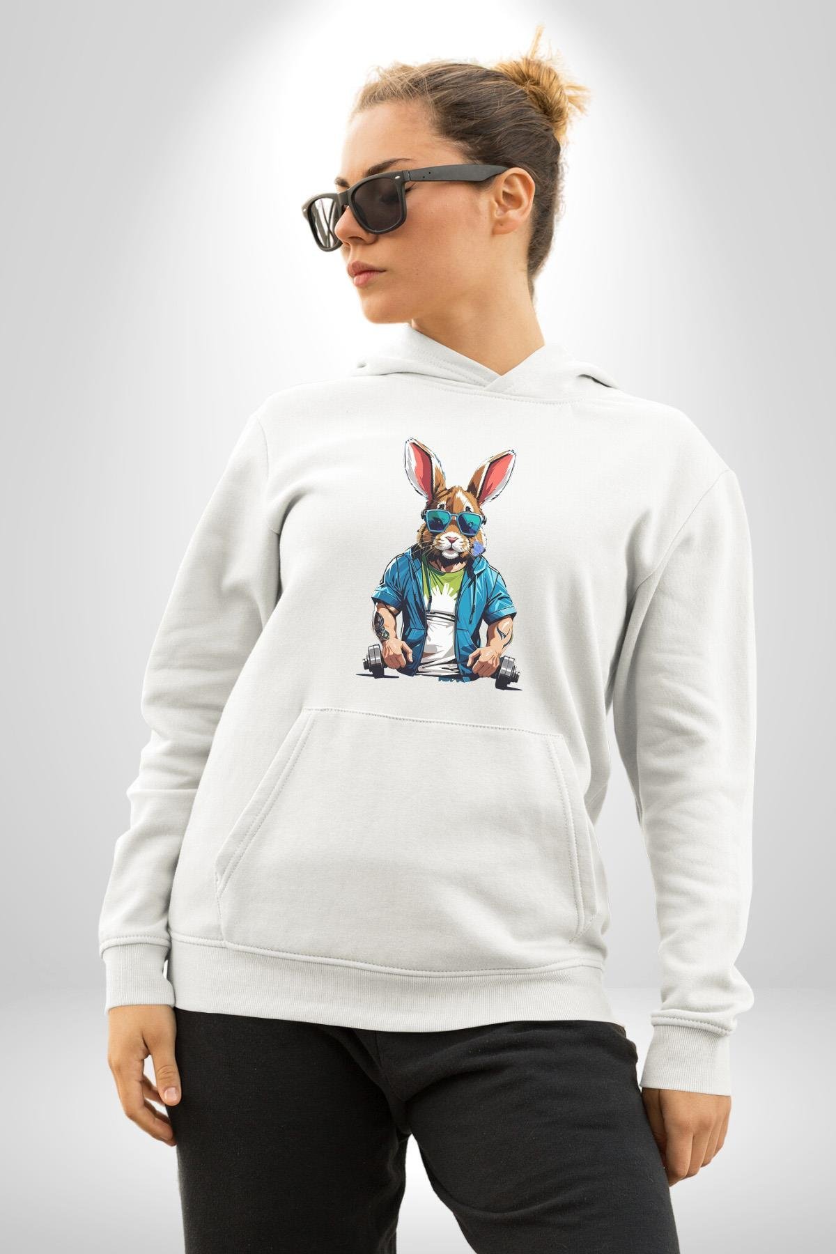 Halter Spor Güneş Gözlüüğü Tavşan Kadın Erkek Çocuk Beyaz Kapüşonlu Sweatshirt Hoodie