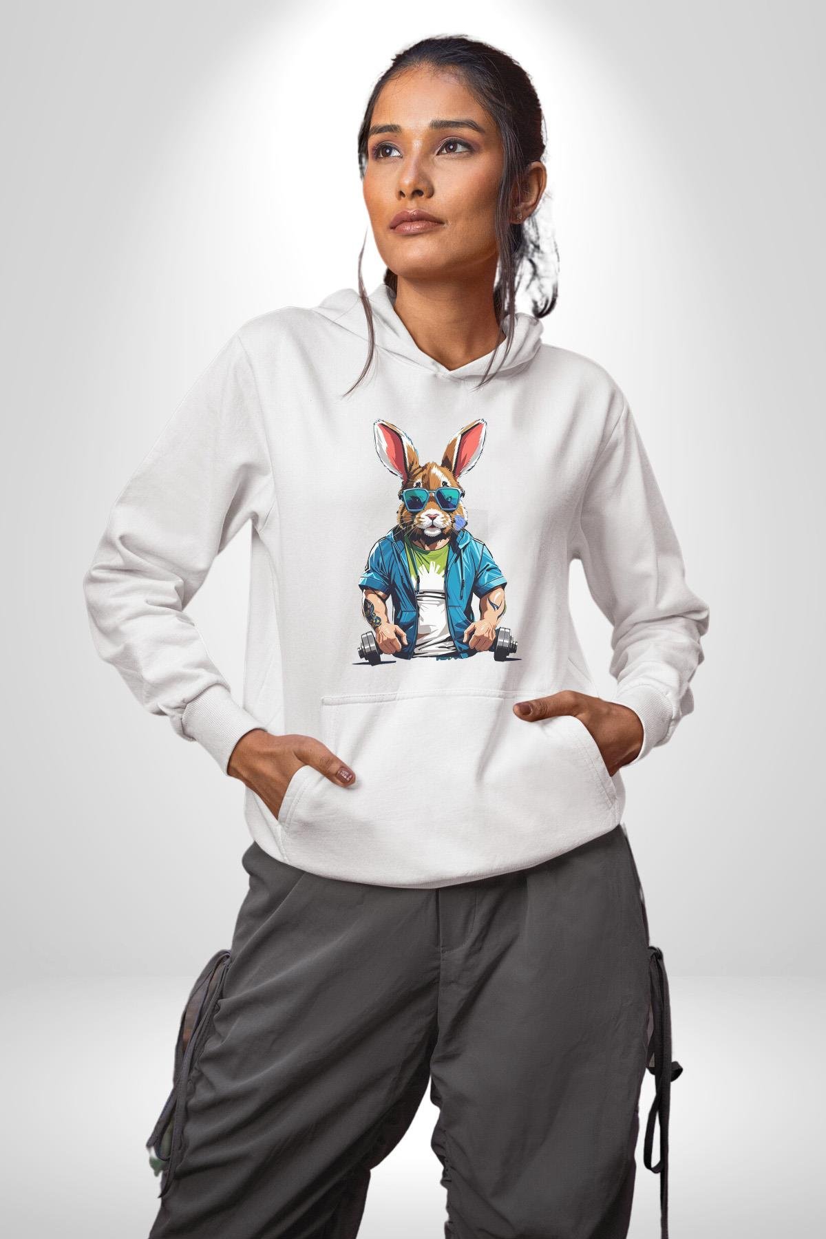 Halter Spor Güneş Gözlüüğü Tavşan Kadın Erkek Çocuk Beyaz Kapüşonlu Sweatshirt Hoodie