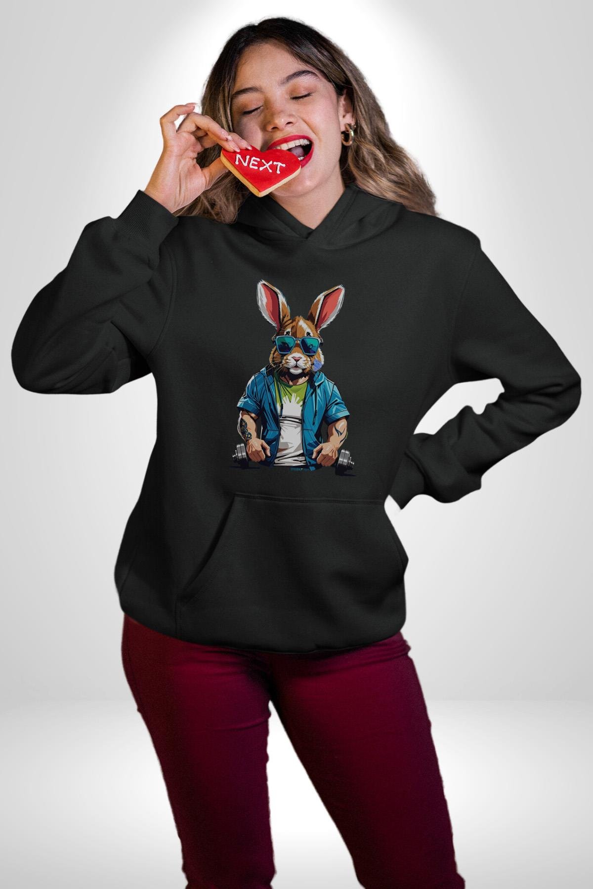 Halter Spor Güneş Gözlüüğü Tavşan Kadın Erkek Çocuk Siyah Kapüşonlu Sweatshirt Hoodie