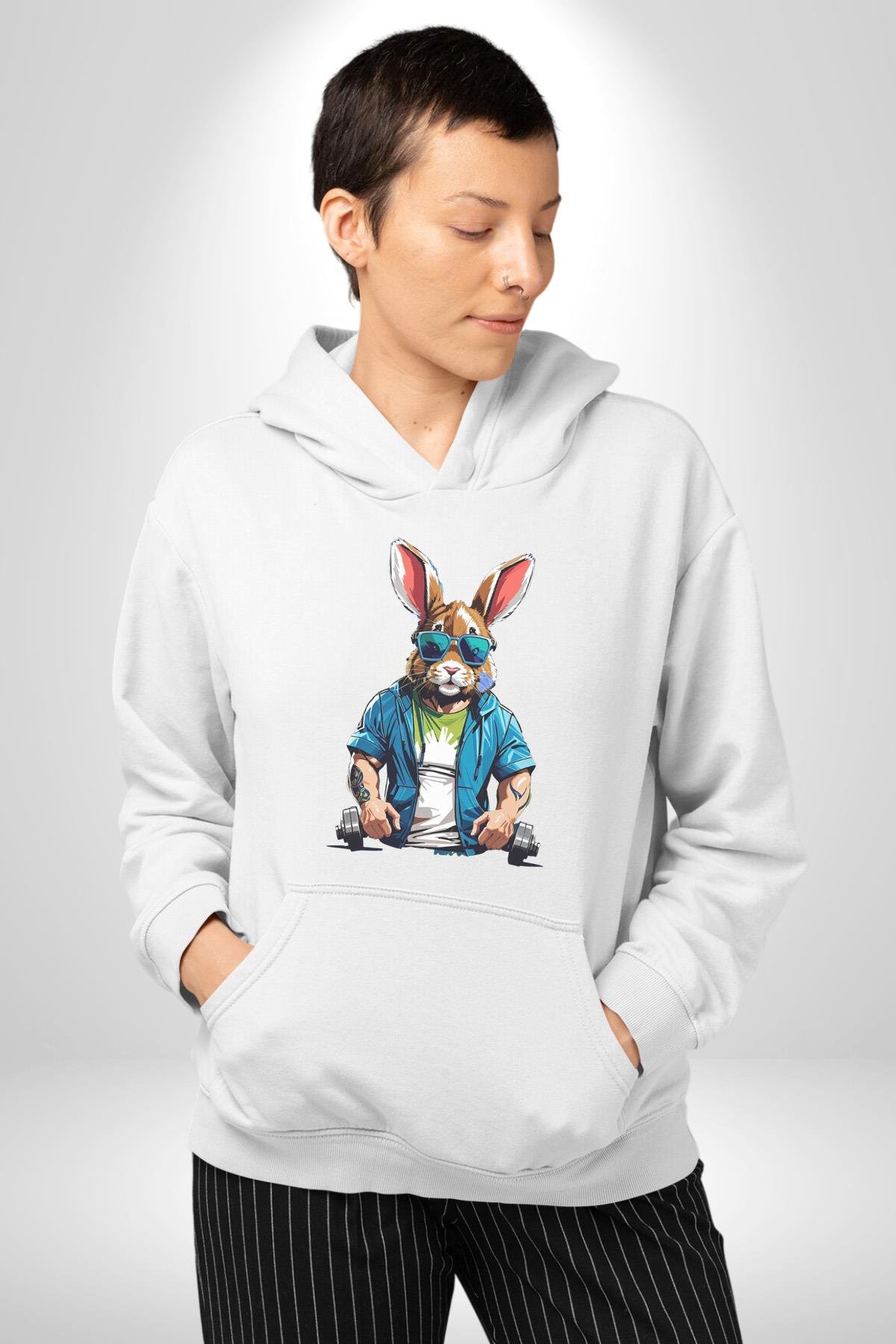 Halter Spor Güneş Gözlüüğü Tavşan Kadın Erkek Çocuk Beyaz Kapüşonlu Sweatshirt Hoodie