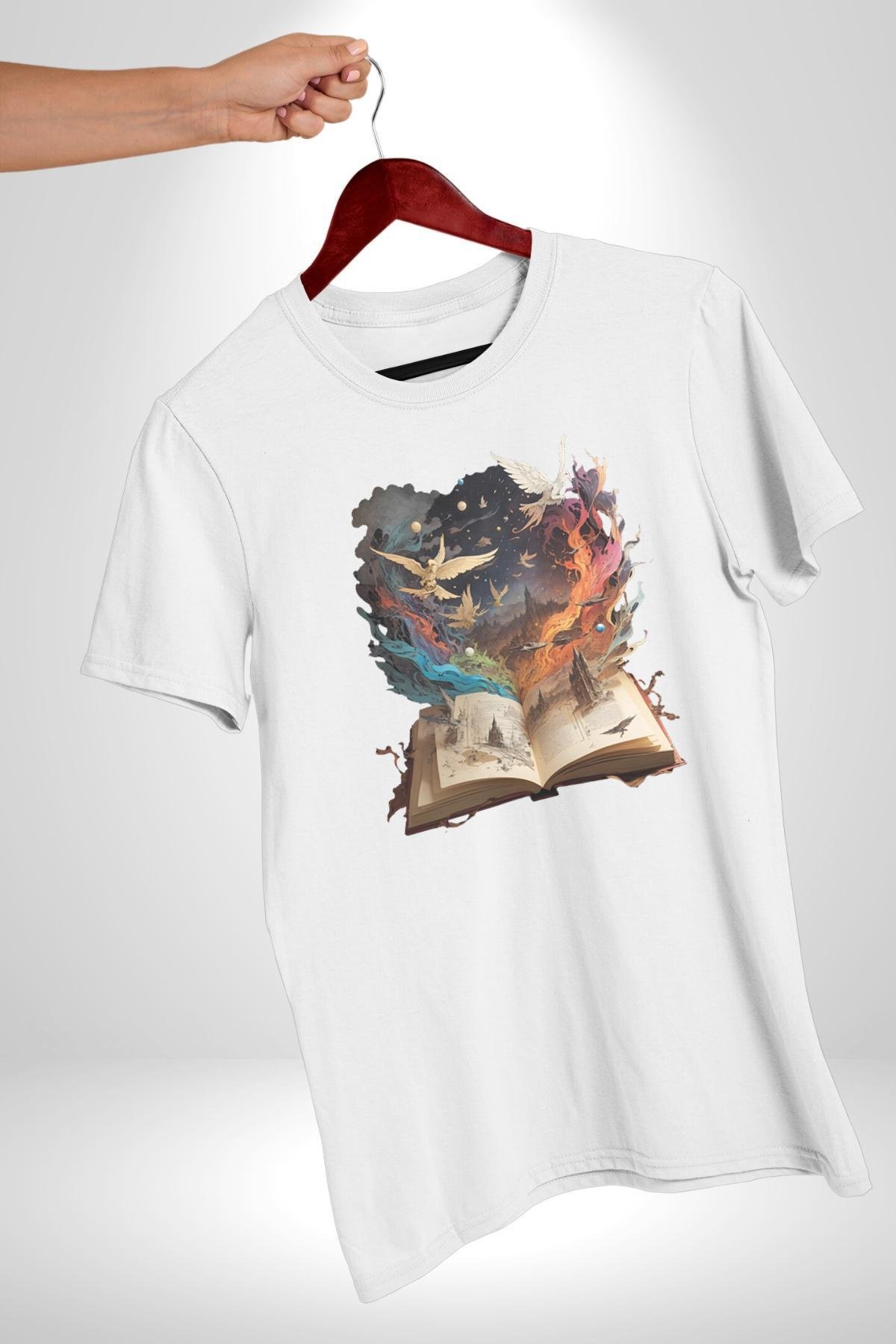 Hikaye Roman Kitabı Gerçekleşti Kadın Erkek Unisex Beyaz Organik Baskılı T-Shirt