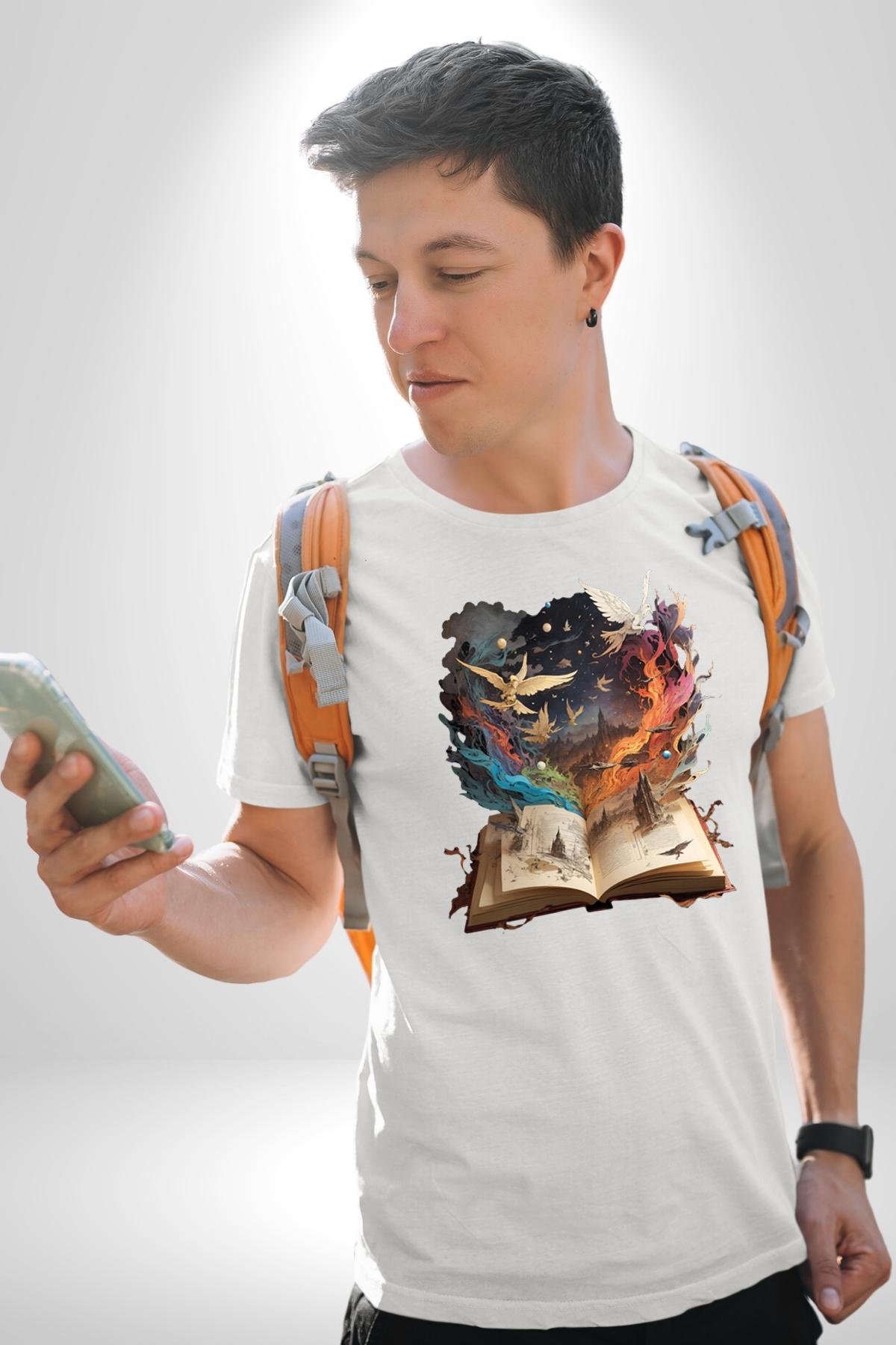 Hikaye Roman Kitabı Gerçekleşti Kadın Erkek Unisex Beyaz Organik Baskılı T-Shirt