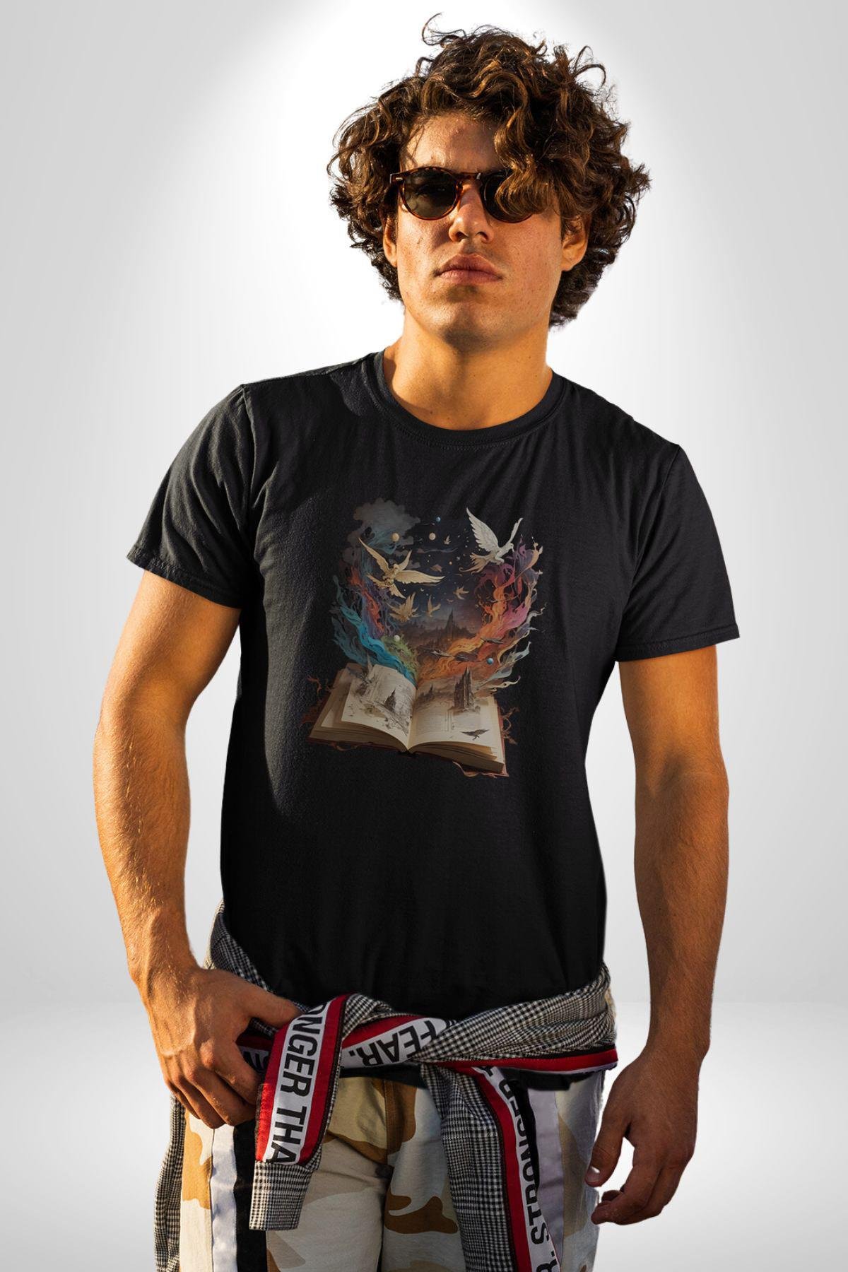 Hikaye Roman Kitabı Gerçekleşti Kadın Erkek Unisex Siyah Organik Baskılı T-Shirt