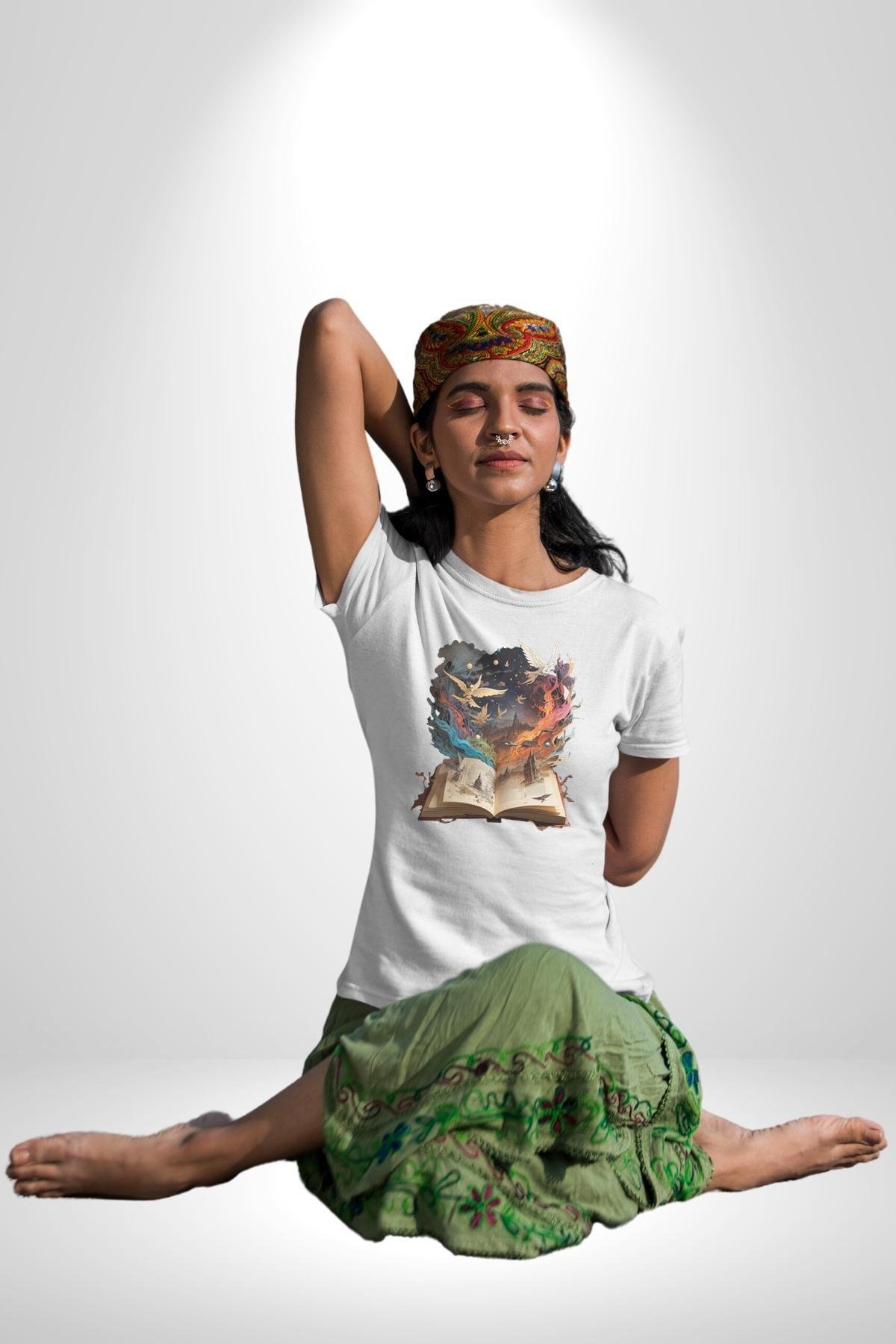 Hikaye Roman Kitabı Gerçekleşti Kadın Erkek Unisex Beyaz Organik Baskılı T-Shirt