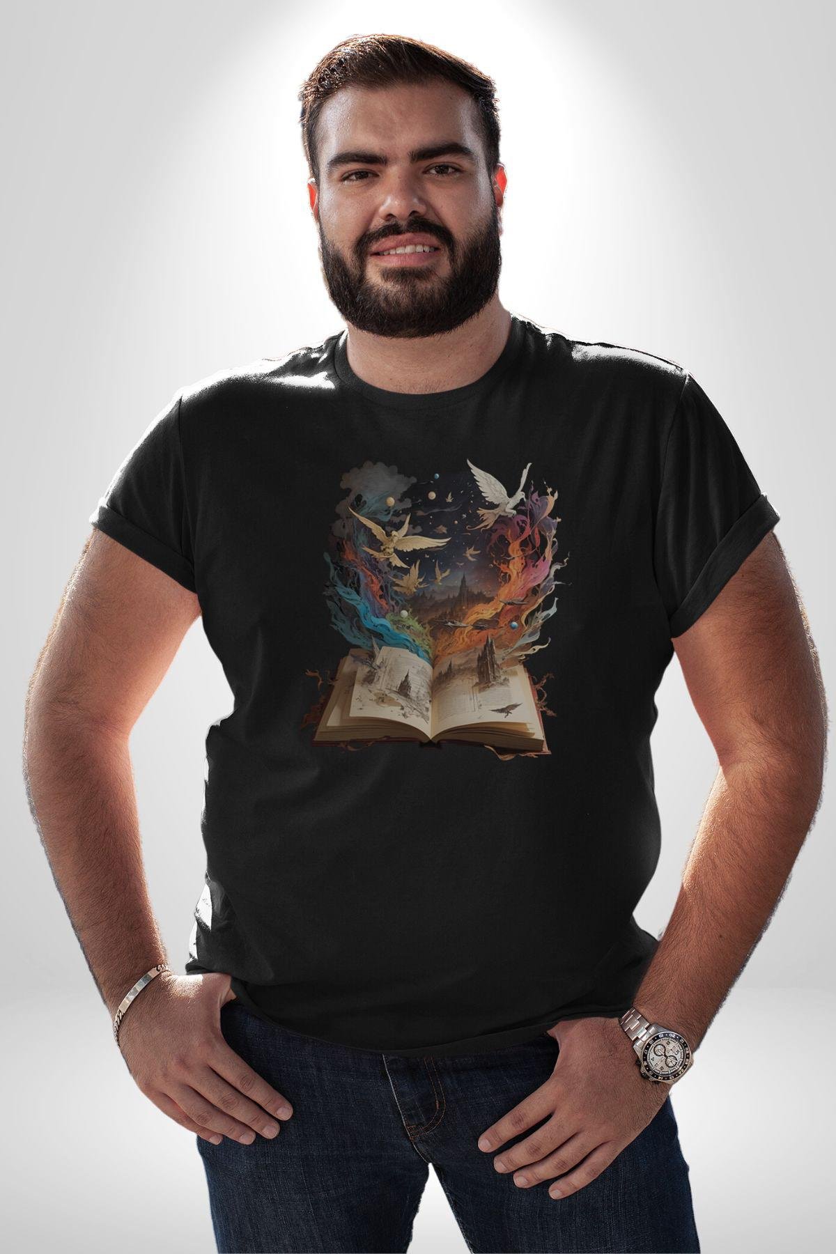 Hikaye Roman Kitabı Gerçekleşti Kadın Erkek Unisex Siyah Organik Baskılı T-Shirt
