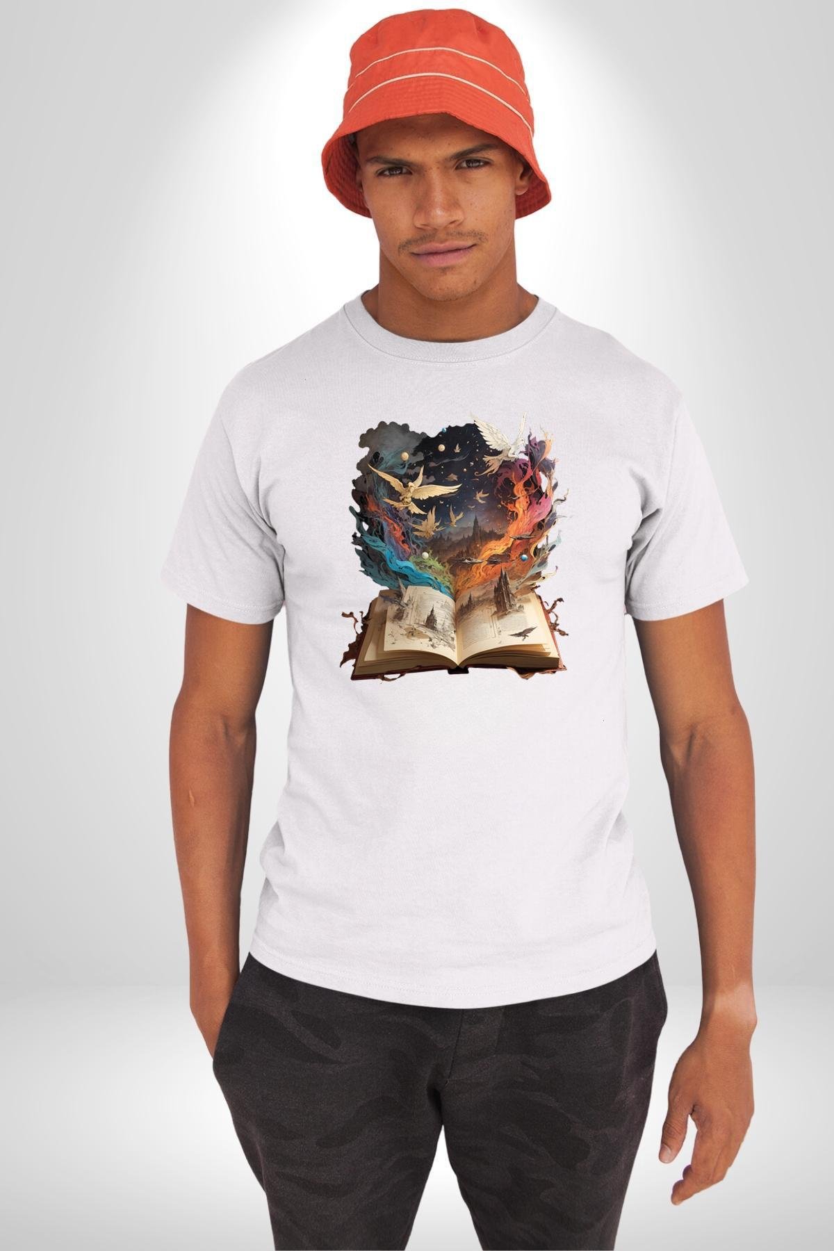 Hikaye Roman Kitabı Gerçekleşti Kadın Erkek Unisex Beyaz Organik Baskılı T-Shirt