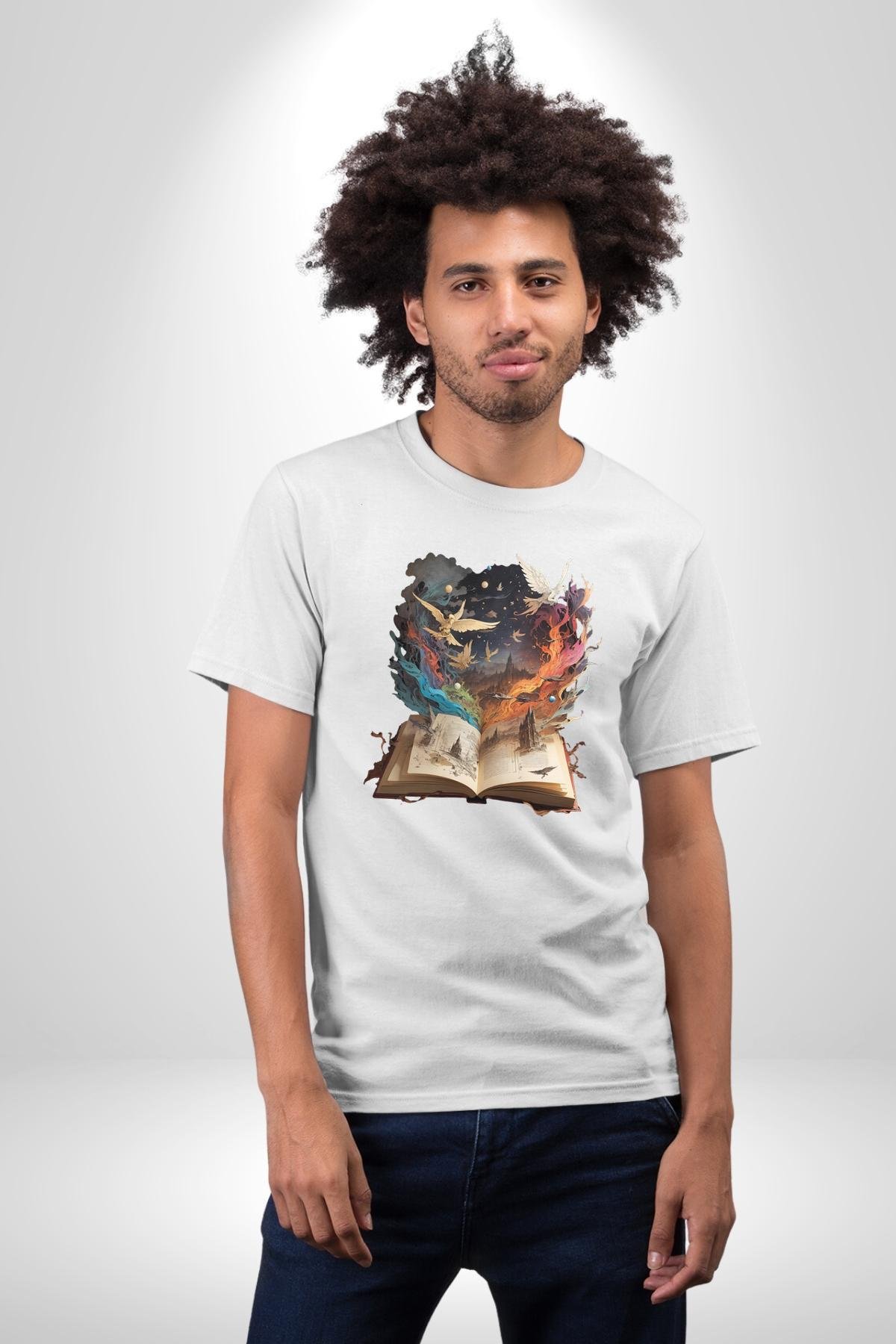 Hikaye Roman Kitabı Gerçekleşti Kadın Erkek Unisex Beyaz Organik Baskılı T-Shirt