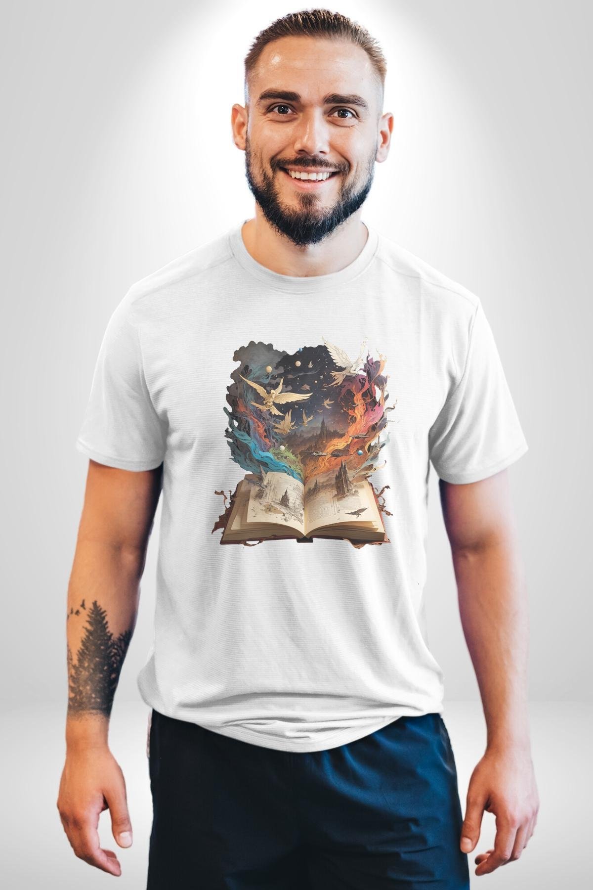 Hikaye Roman Kitabı Gerçekleşti Kadın Erkek Unisex Beyaz Organik Baskılı T-Shirt