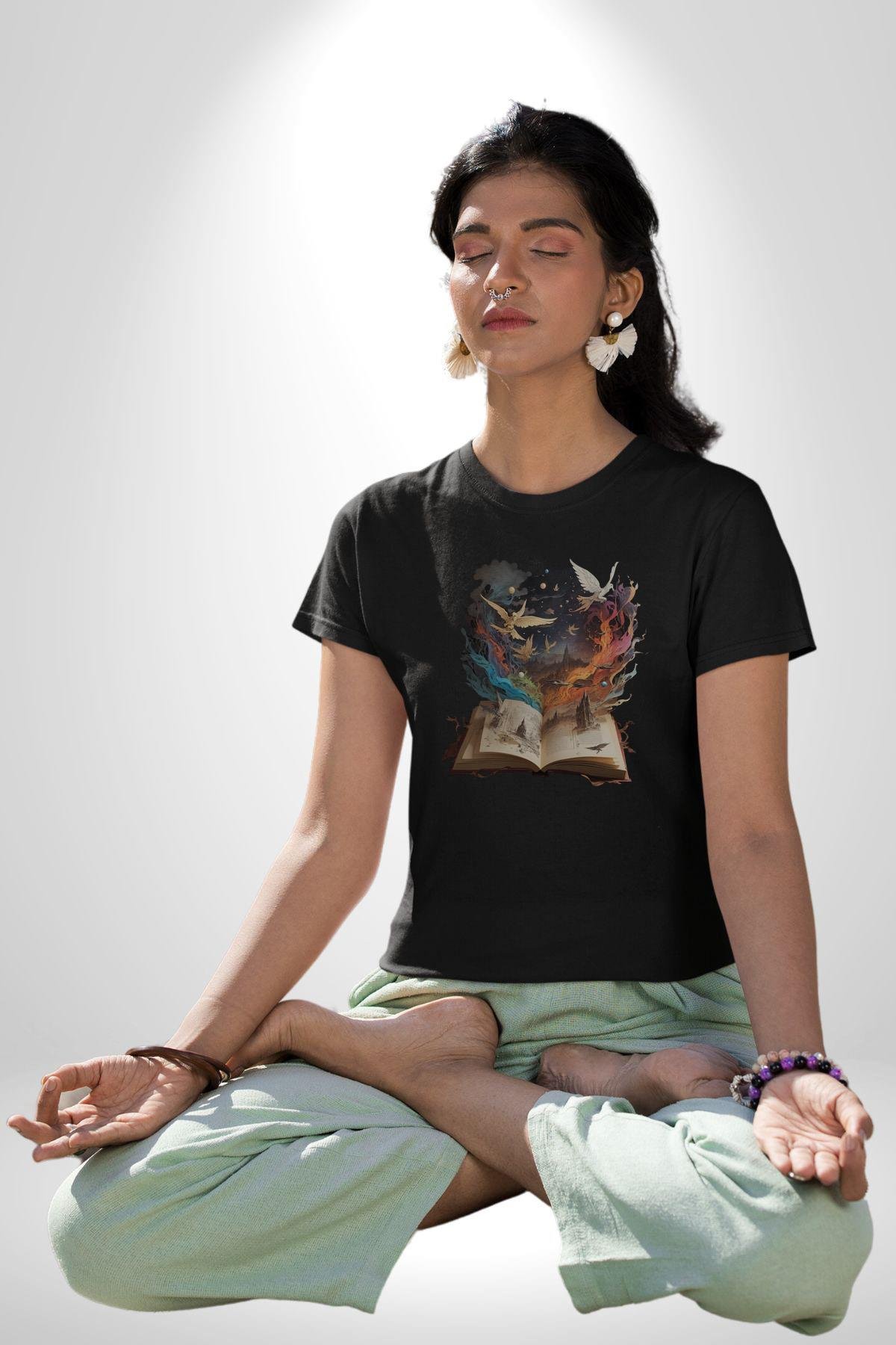 Hikaye Roman Kitabı Gerçekleşti Kadın Erkek Unisex Siyah Organik Baskılı T-Shirt