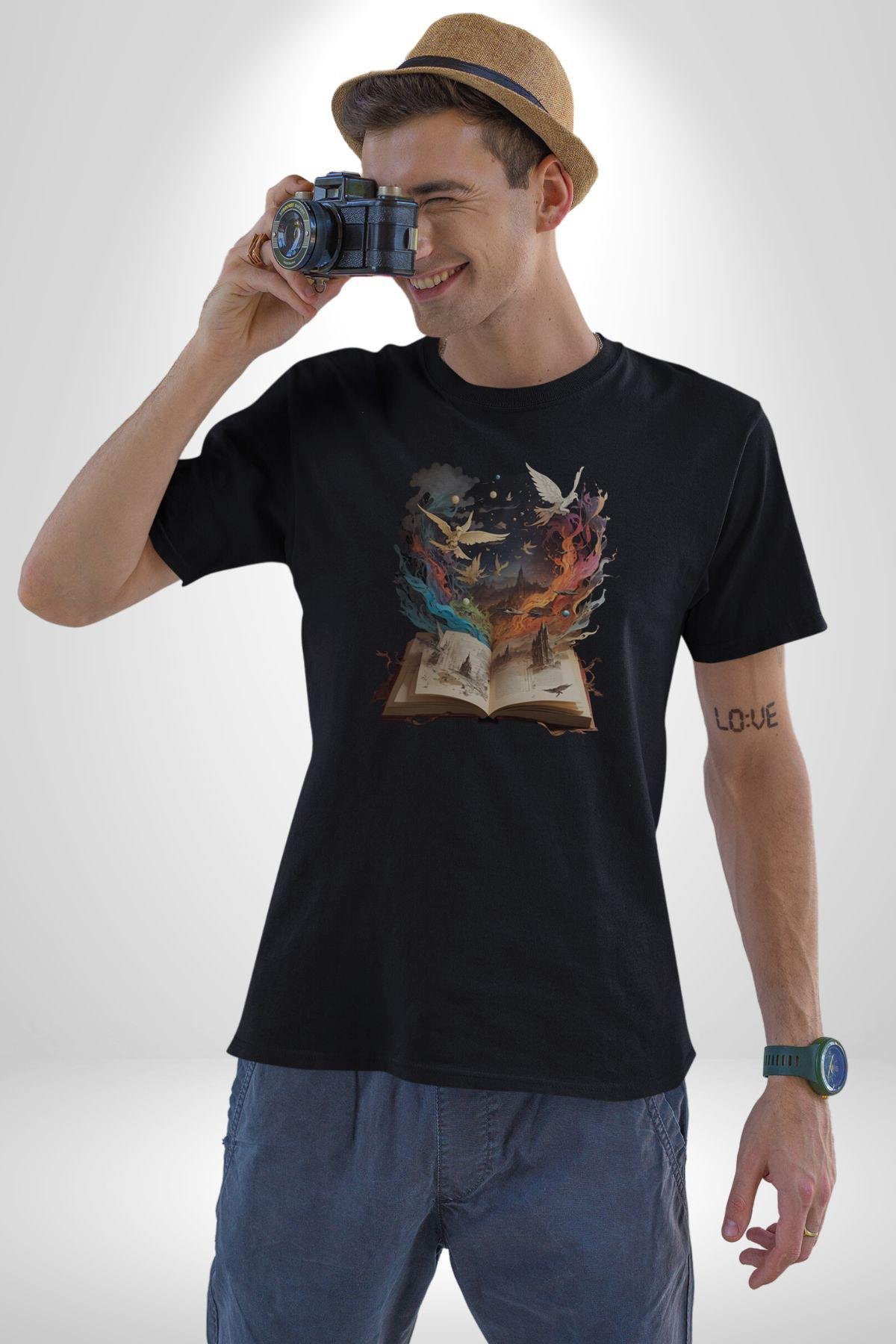 Hikaye Roman Kitabı Gerçekleşti Kadın Erkek Unisex Siyah Organik Baskılı T-Shirt