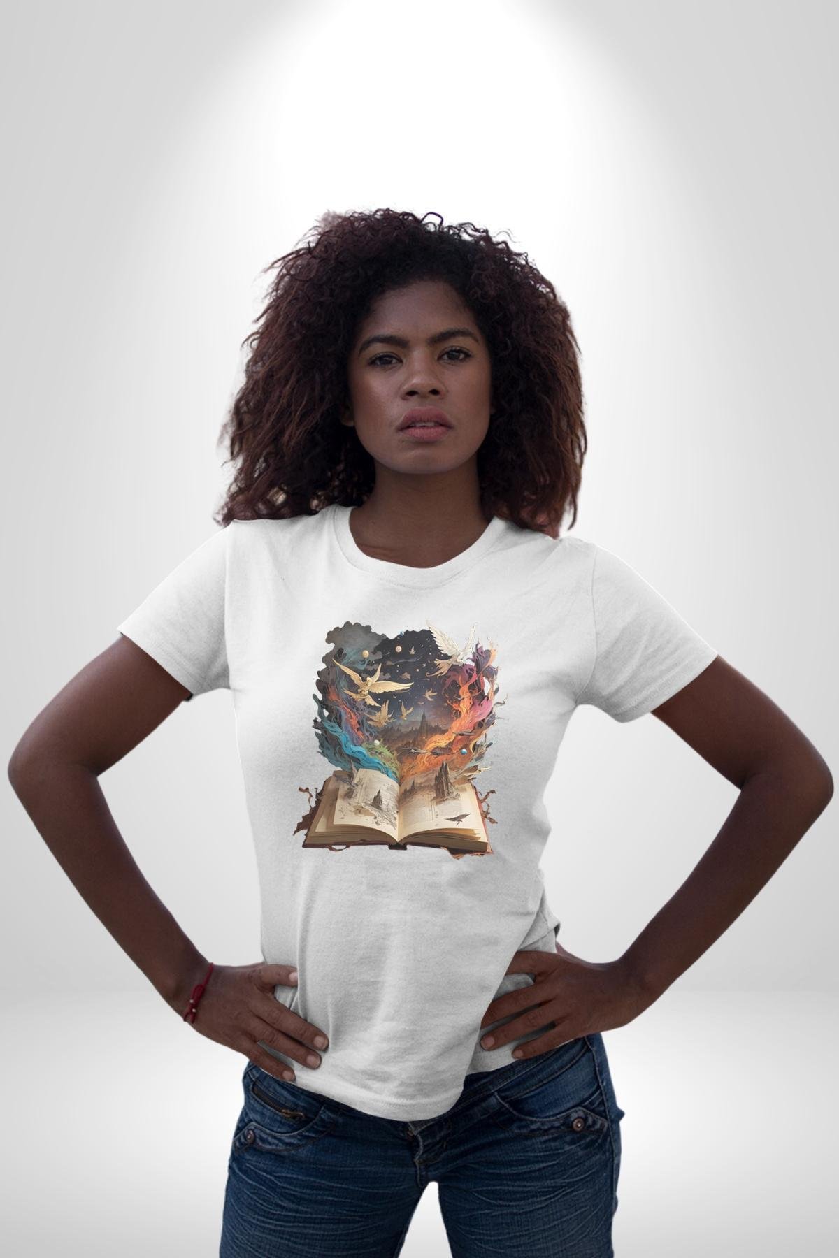 Hikaye Roman Kitabı Gerçekleşti Kadın Erkek Unisex Beyaz Organik Baskılı T-Shirt
